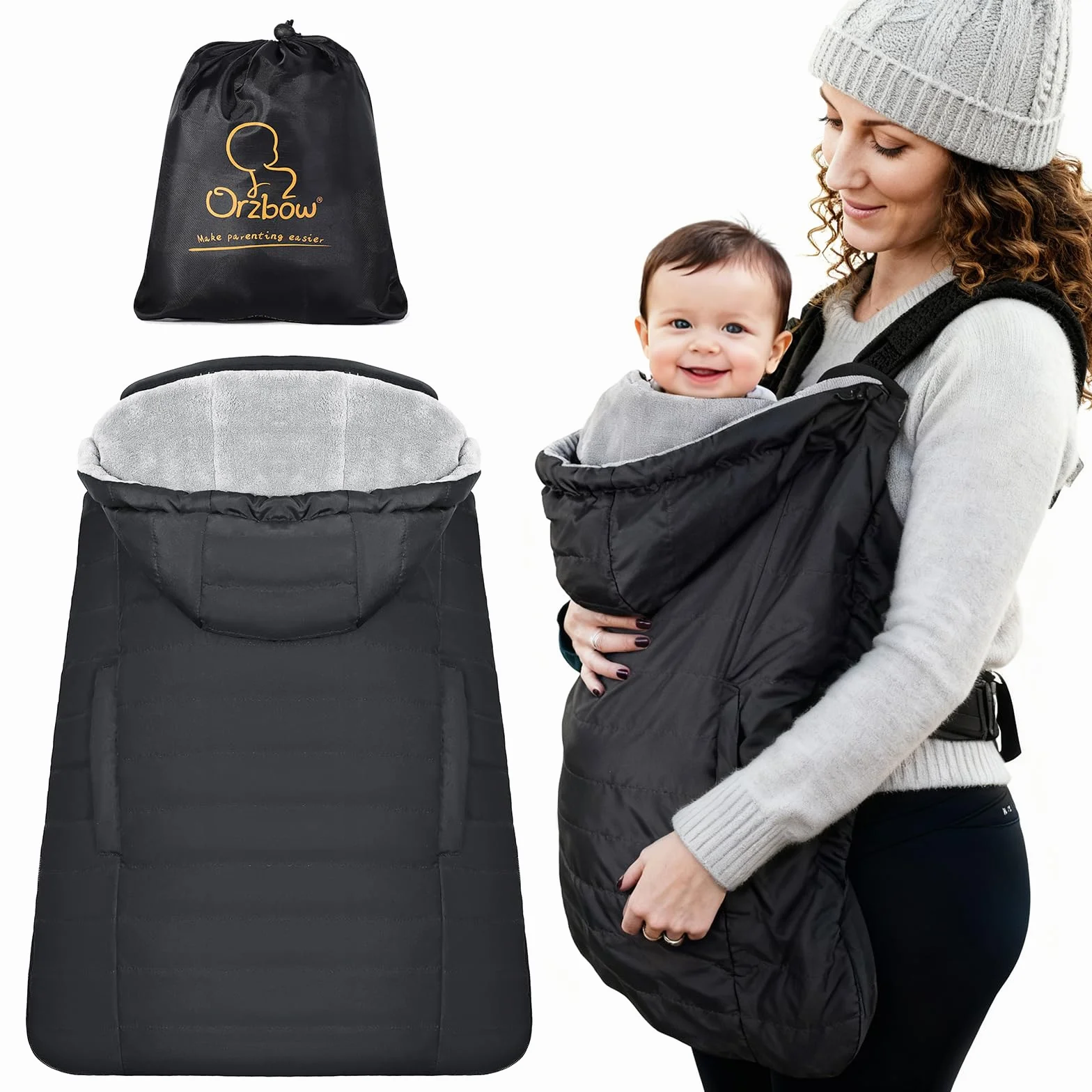 Orzbow Regenschutz Babytrage, Tragecover Babytrage Winter mit Abnehmbares Oberteil, Universal Wintercover Babytrage mit Korallenvlies-Futter, Vordertasche, Reißverschluss Unten, Schwarz