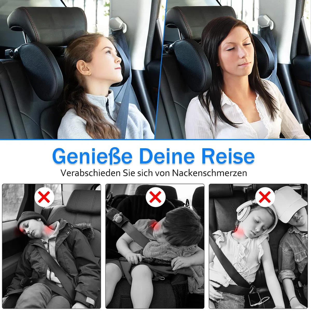 Kopfstütze Auto Kinder 360° Rotation Verstellbare Memory Foam Nackenstütze mit Handyhalterhaken