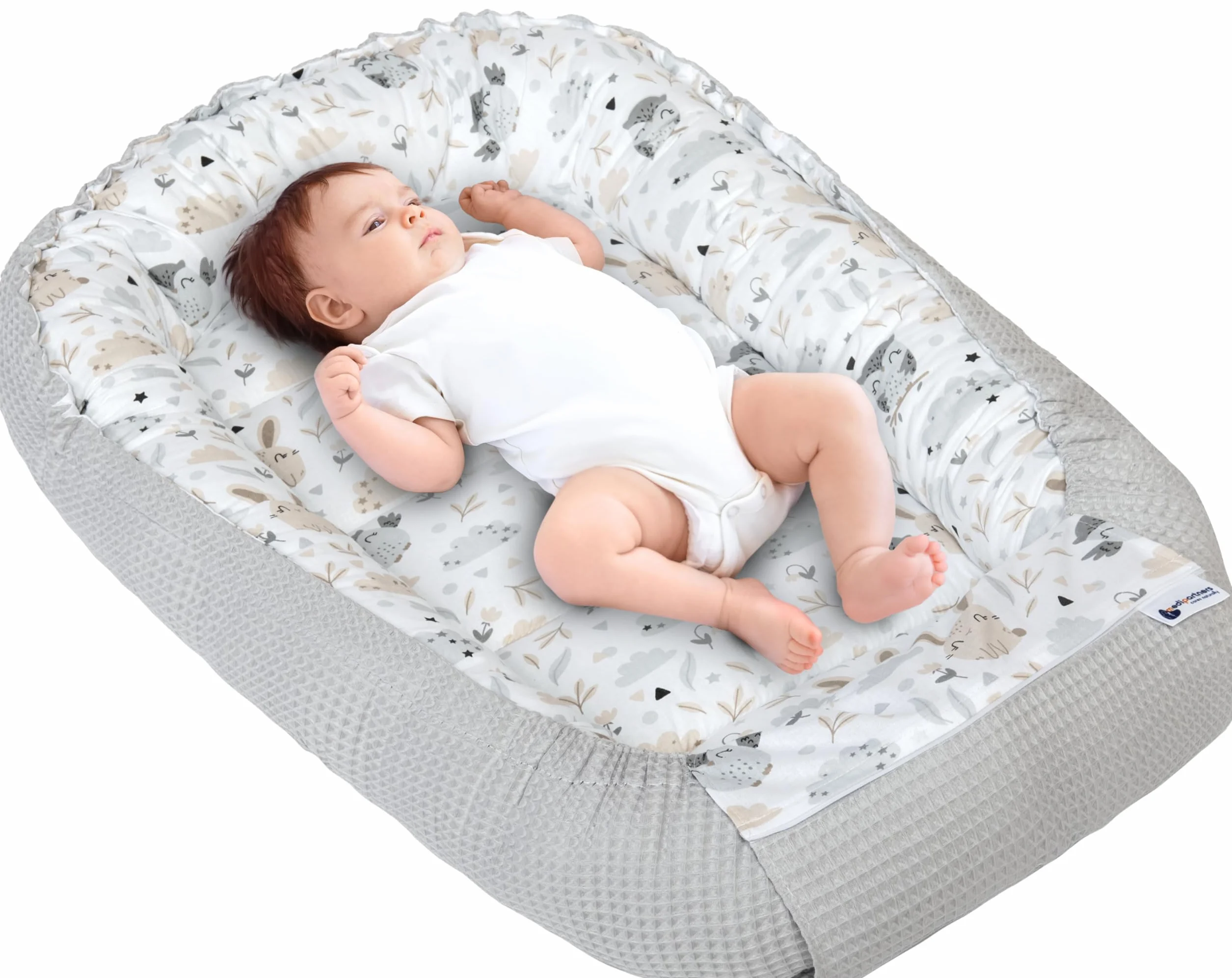 Medi Partners Babynest Nestchen für Neugeborene - 100x60x15 Babynestchen Baby zweiseitg Nest Bett 100% Baumwolle Waffel Kuschelnest tragbar (Lichtung mit Grauer Waffel)