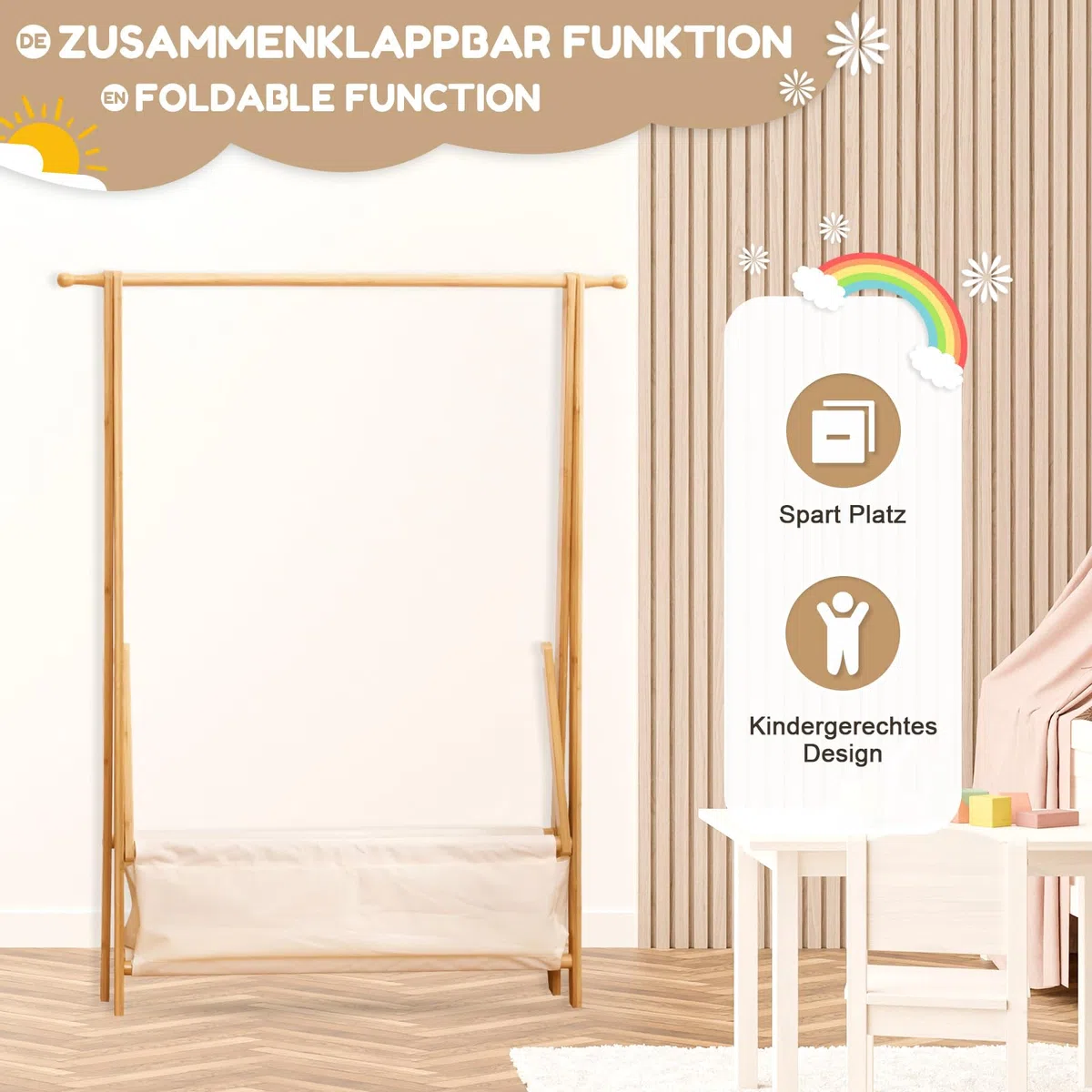 Yorbay Kinder Kleiderständer Bambus Garderobenständer mit Aufbewahrungskiste, Kindergarderobe mit Kleiderstange, für Baby- & Kleinkinderzimmer, Mädchen & Jungs (Natur)