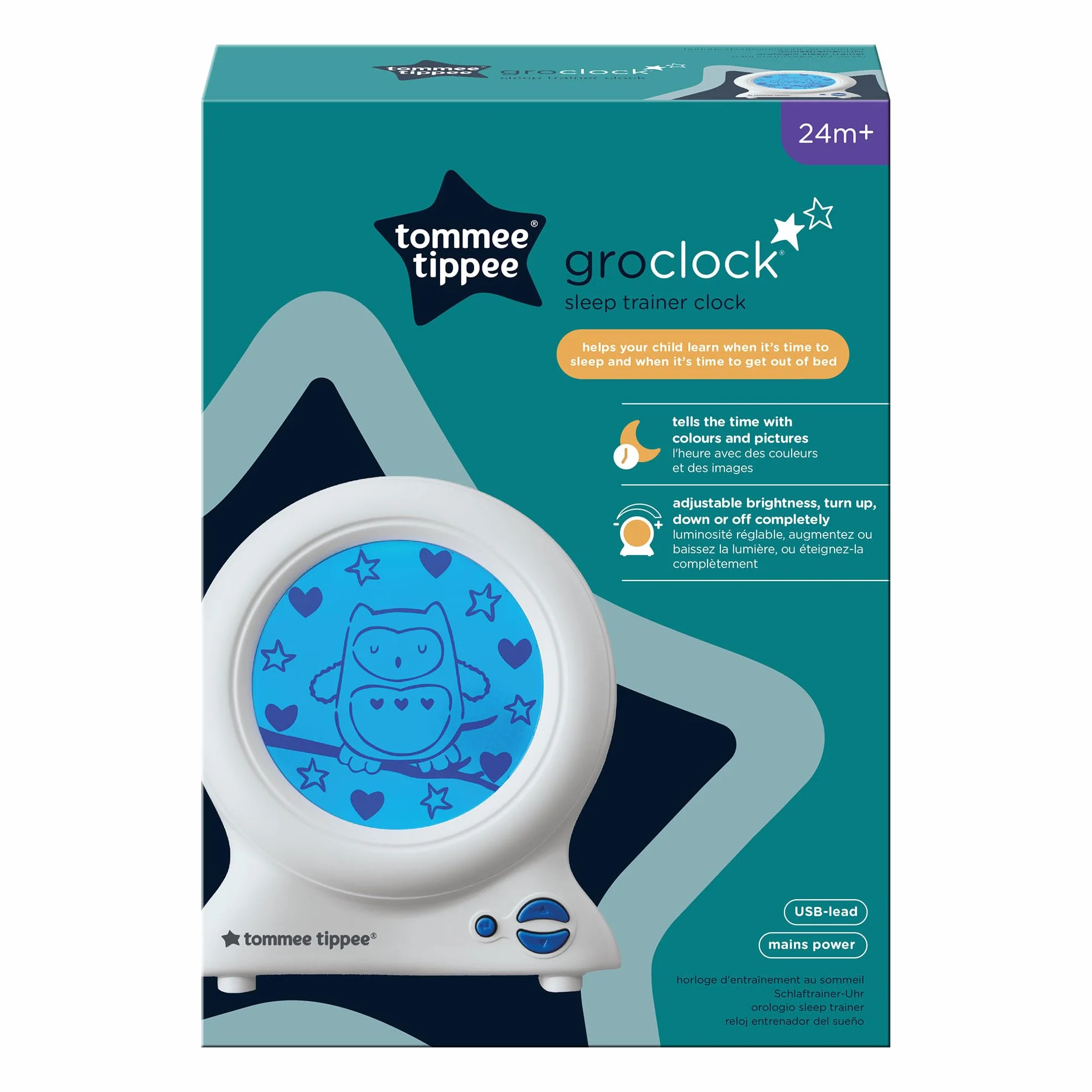 Tommee Tippee Groclock Uhr und Schlaftrainer, Wecker und Nachtlicht für Kleinkinder, mit USB-Anschluss