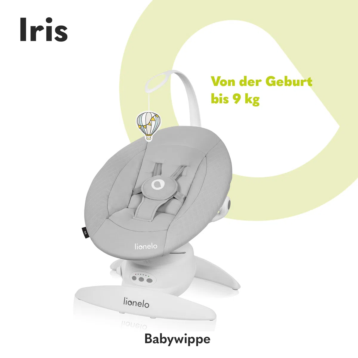 LIONELO Iris Elektrisch Babywippe 360o drehbar für Babys bis zu 9 kg | Verstellbare Rückenlehne, 5 Wiegegeschwindigkeiten Rutschfester Sicherheitsgurt, 12 Melodien Bügel mit Spielzeug Babypflege