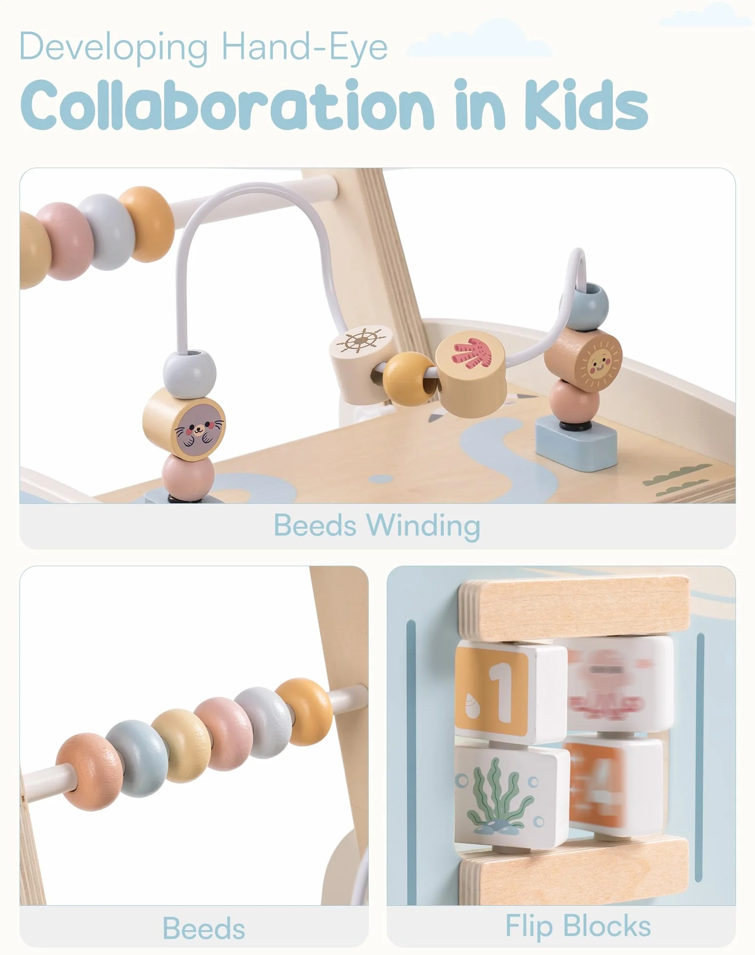 ROBUD Lauflernwagen Holz, Multifunktion Baby Lauflernhilfe mit & Rädern & Bauklötzen Spielgeräte Aktivitätszentrum Set, Baby Walker Spielzeug Geschenk für Kleinekinder Kinder 10 Monate - 1-2 Jahre