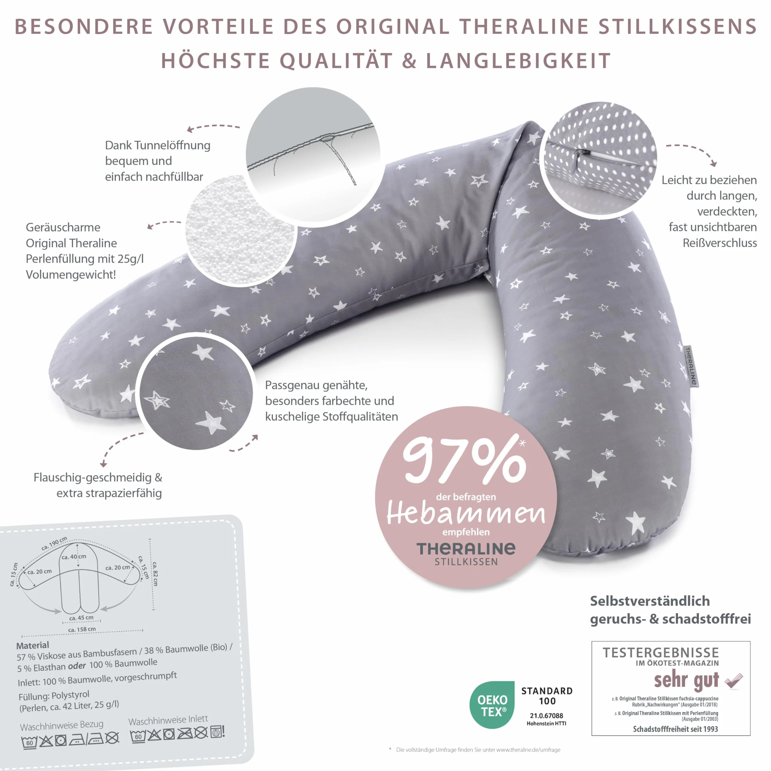 Theraline Das Original Schwangerschaftskissen & Stillkissen 190cm – Seitenschläferkissen Stillkissen Perlen – inkl Stillkissenbezug Cappuccino