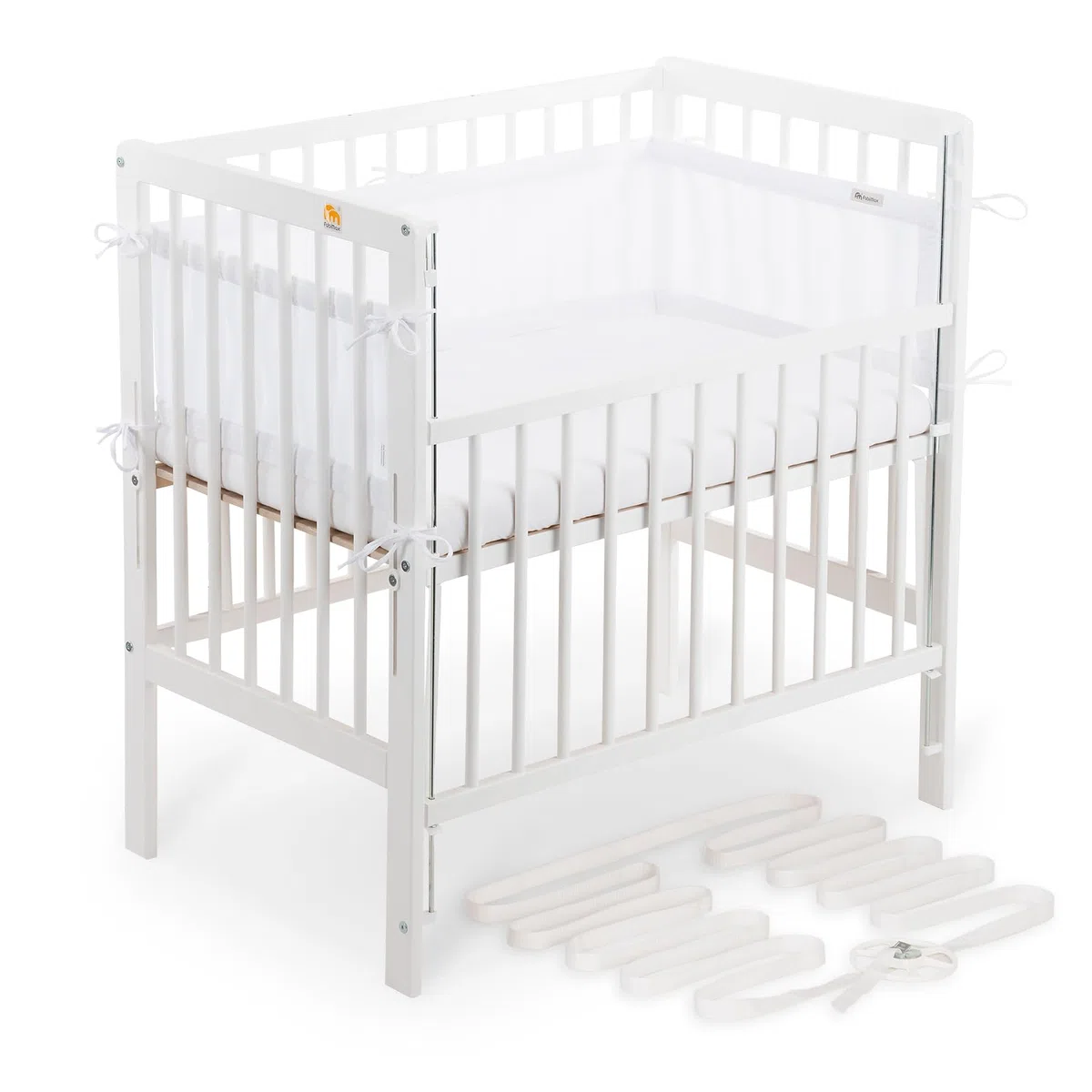 FabiMax Boxspring Baby Beistellbett Flex 90x55, TÜV geprüft, aus Buchenholz weiß lackiert, mit innovativem verstellbarem Seitengitter, passend für Boxspringbetten (Matratze Comfort, Weiß)