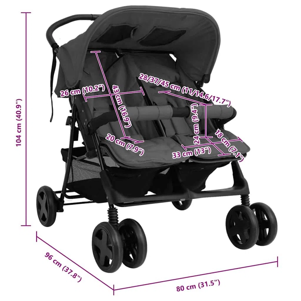 vidaXL Geschwisterwagen Klappbares Design Zwillingswagen Kinderwagen Baby Kinder Buggy Zwillingsbuggy Kinderbuggy Reisebuggy Dunkelgrau Stahl
