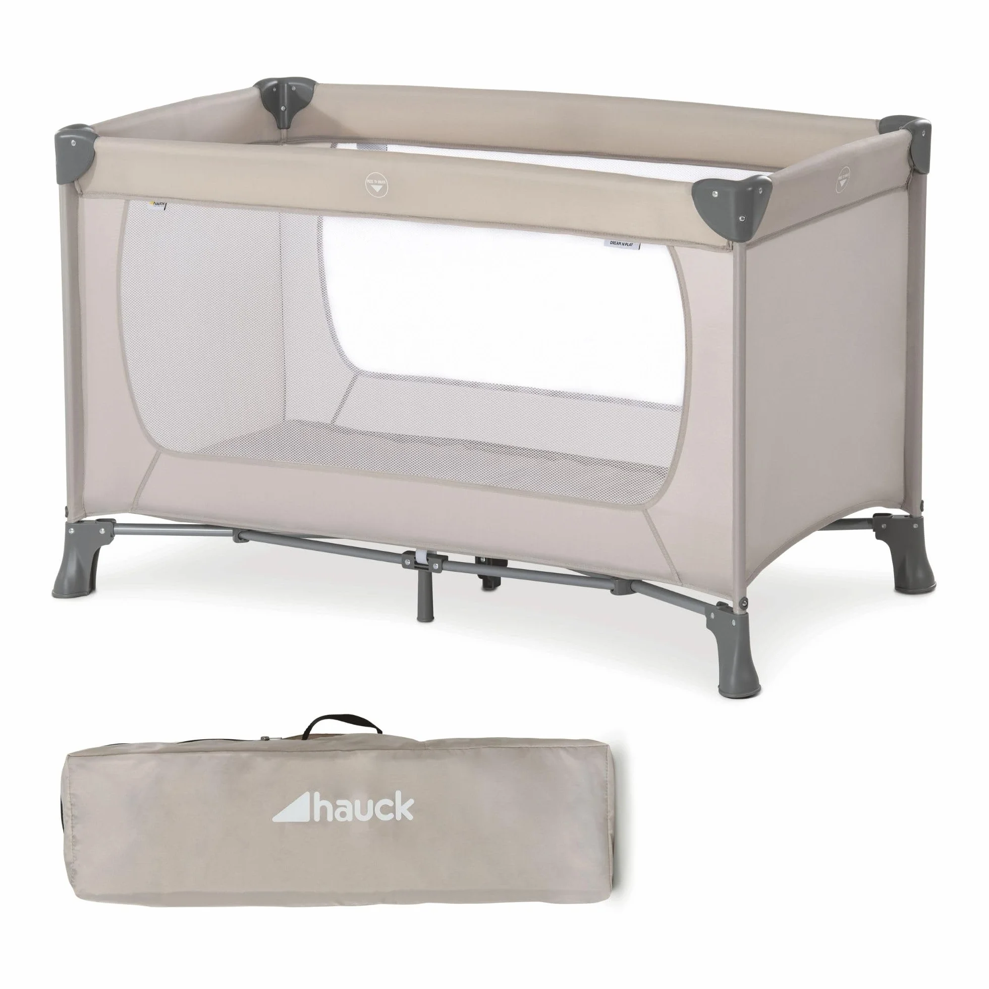 hauck Dream N Play, Beige - Baby & Kinder Reisebett mit Tragetasche ab Geburt bis 15 kg, Schnell & Kompakt Faltbar, Große Netzfenster