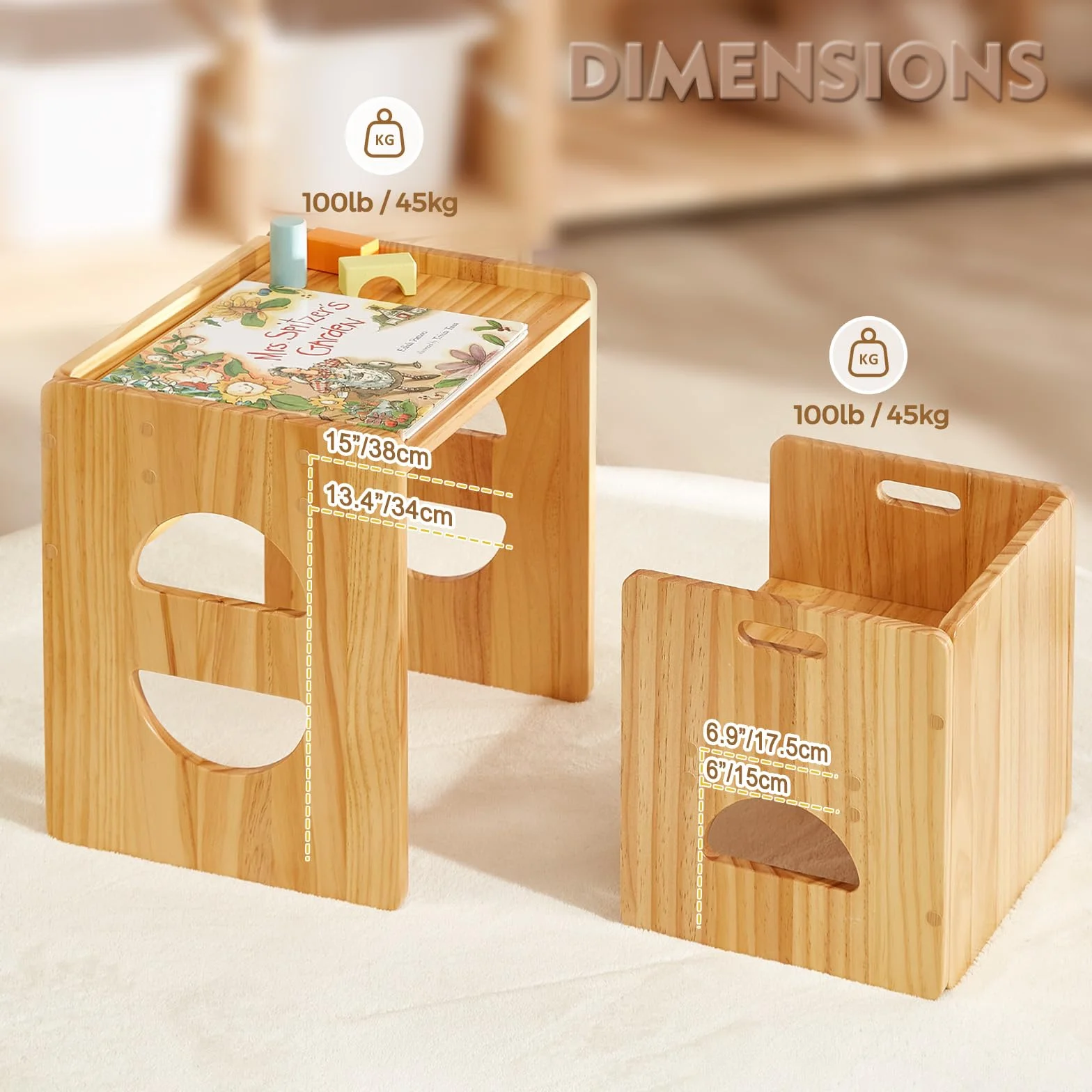 FUNLIO Höhenverstellbarer Montessori Tisch und Stuhl für Kinder 1-3 Jahre, Massivholz, Entwöhnung Baby Tisch für Essen/Spielen/Lesen, einfach zu montieren - Natur
