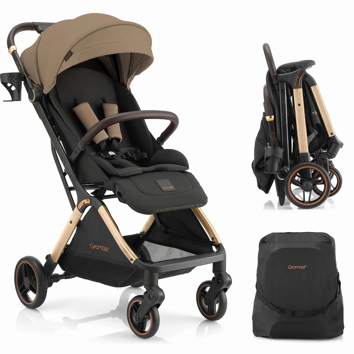 Gromast Gravity Faltbarer Kinderwagen, Tragbarer Reise-Kleinkindbuggy Mit Verstellbarer Rückenlehne & Sonnendach, Leichtgewichtig Und Uv-Geschützt, Einhändig Automatisch Zusammenklappbar, Golden