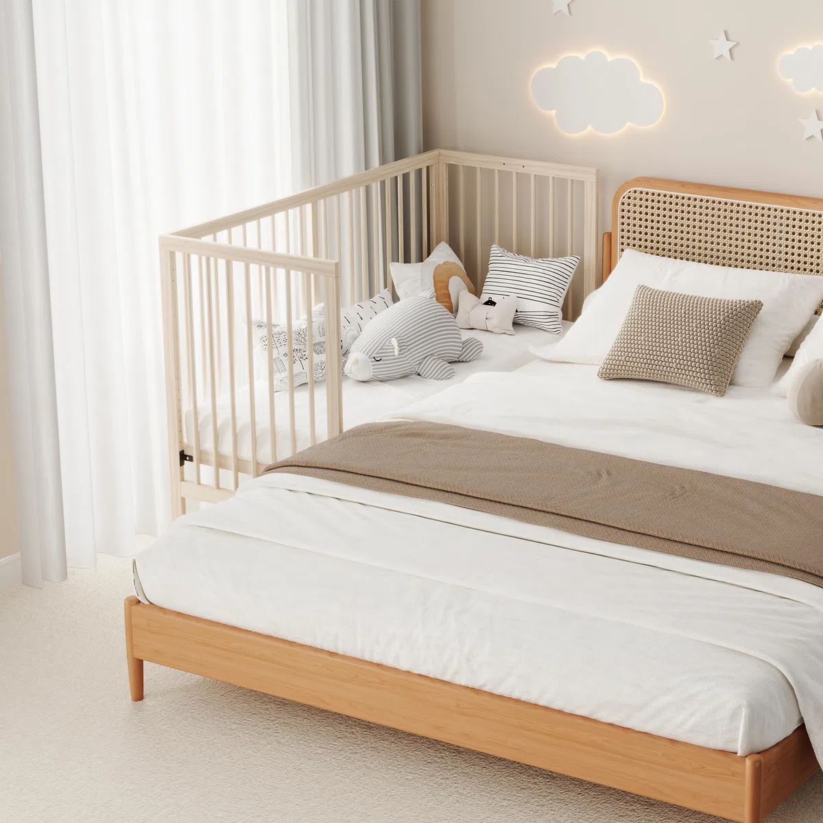 Holz Babybett Höhenverstellbar,Multifunktionales Gitterbett,Baby Cot Babybett Mitwachsend Beistellbett Staffelei Schreibtisch,ohne Matratze,140x60x90cm