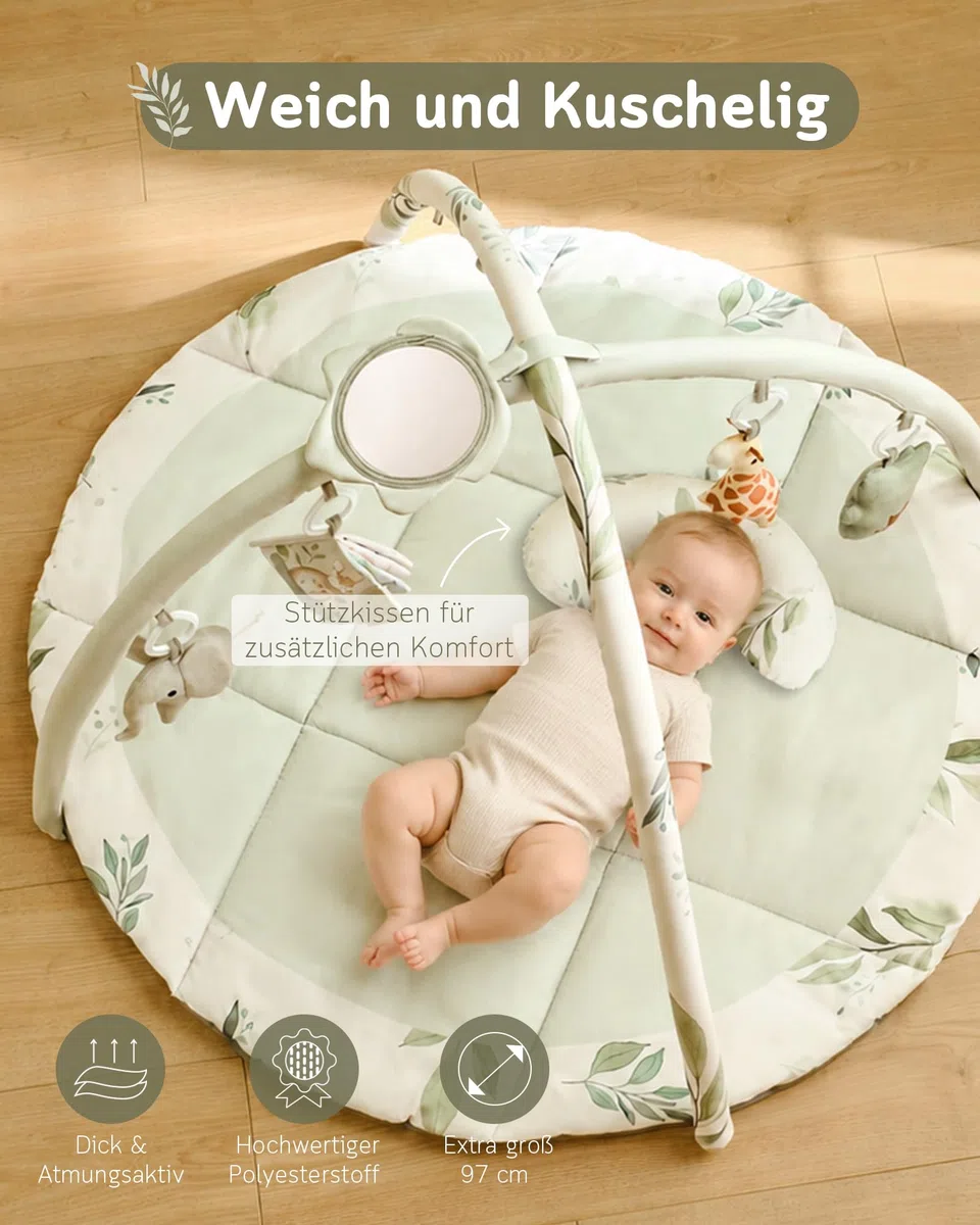 Fortella Spielbogen Baby, Spielmatte mit Bauchzeit Kissen und 5 Sensorik Spielzeug Abnehmbarem,Naturthemen Krabbeldecke für Babys ab der Geburt, Neugeborene & Kinder, 0-6-9-12 Monate-Salbeigrün