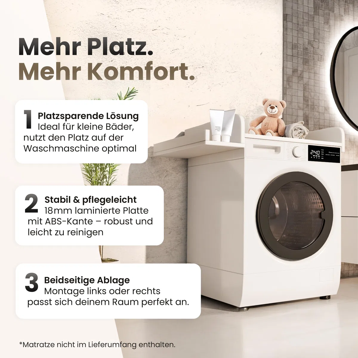 Wickelaufsatz für Waschmaschine – Wickelauflage 60x70 cm – Laminierte Holzplatte – Kaschmir – 82x72x10 cm – Sicherer & Platzsparender Wickeltischaufsatz