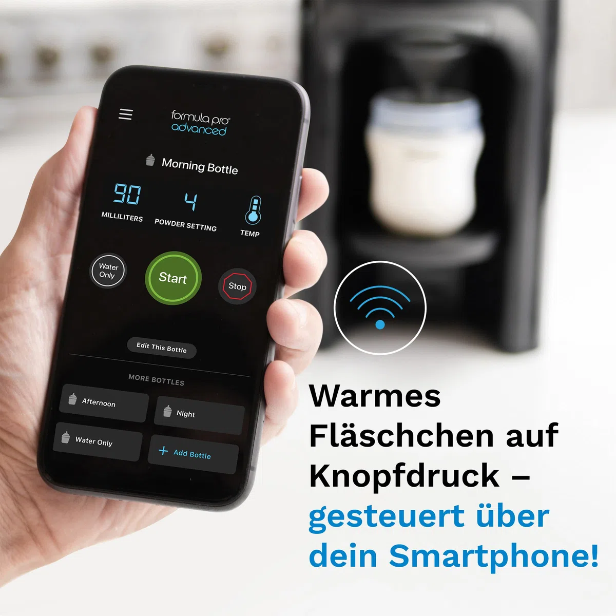 Baby Brezza Set automatischer Flaschenzubereiter WiFi, schwarz | App-Steuerung, inkl. extra Milchpulvertrichter, mischt Milchpulver & Wasser, Fernstart per Smartphone, 3 Temperaturstufen