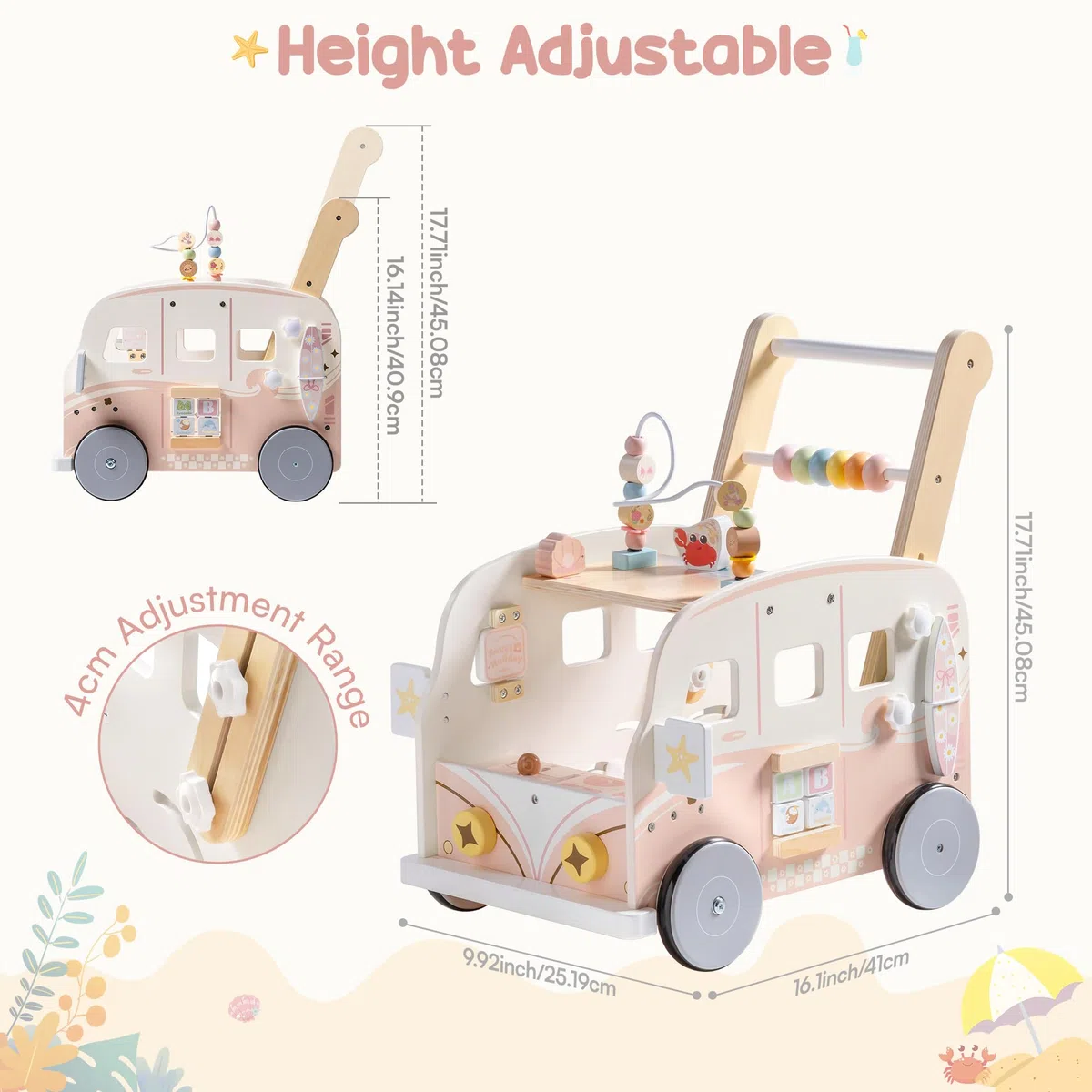 ROBOTIME Lauflernwagen Holz mit Geschwindigkeitskontrolle, Rosa | Urlaubsbus-Design Höhenverstellbare Baby-Lauflernhilfe mit Aktivitätscenter und Stauraum für Kinder von 10–36 Monaten