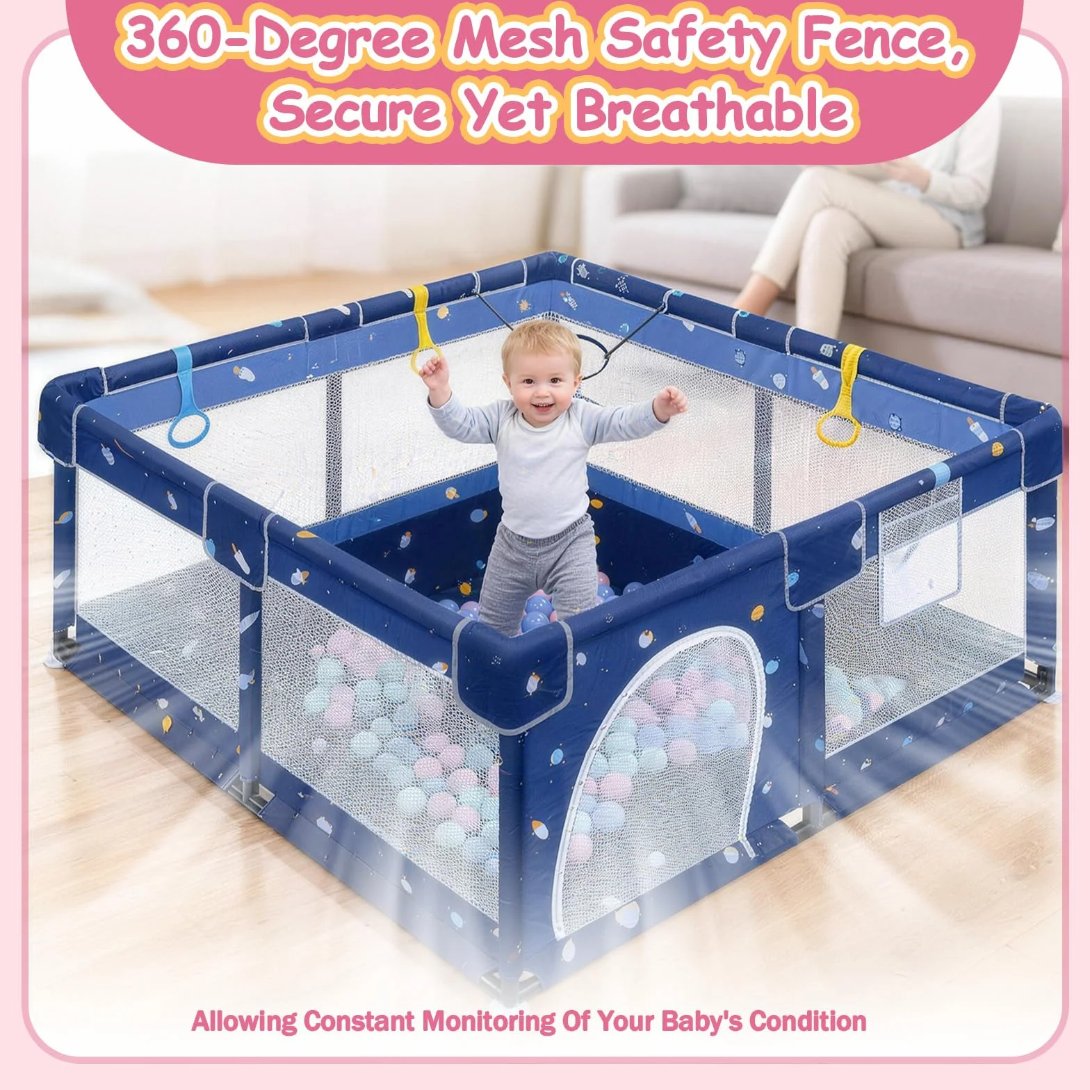 Laufstall Baby 130 x 130 x 66 cm, Laufgitter Baby, Laufstall mit Zugringen, Bällen, Atmungsaktivem Netz, Rutschfestem Boden, Sicherheitsspielplatz Schutzgitter für Kinder (Cartoon,130CM)