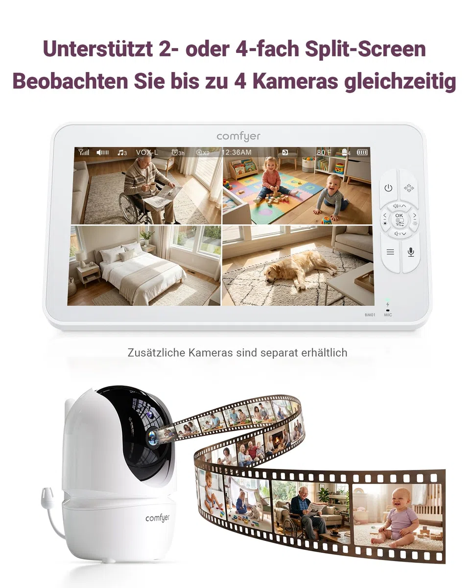 Comfyer BM01 Split-Screen Babyphone mit 2 Kameras, 7" HD 720P ohne WLAN mit Halterung, IR-Nachtsicht VOX-Modus mit Sound-Alarm 2-Wege-Audio 6000mAh 300M Reichweite Videoüberwachungsgerät