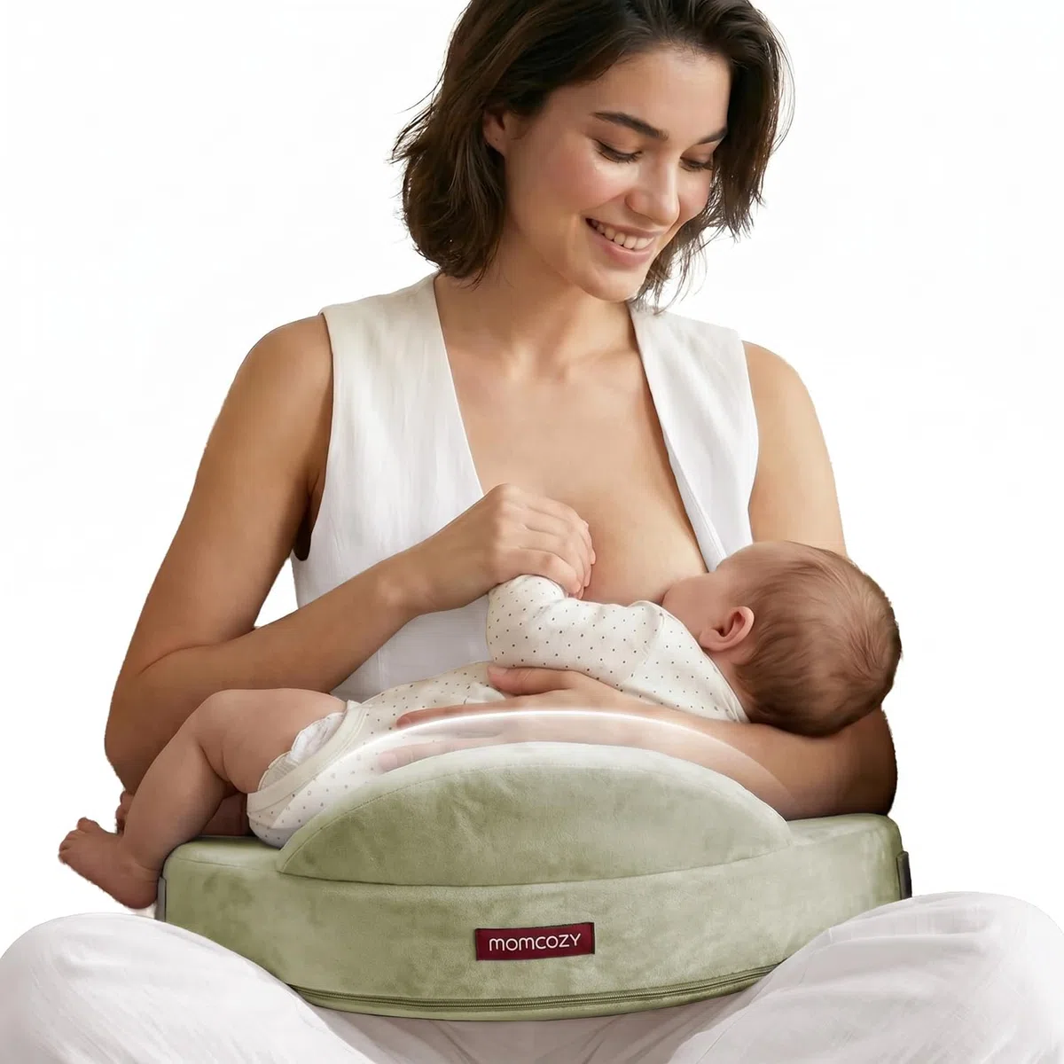 Momcozy Stillkissen mit Sicherheitsstütze – Fester und federnder Memory-Schaum – Stabile, ergonomische Unterstützung und Komfort – Breiteres Stillkissen, Verstellbarer, Abnehmbarer Bezug，Grün