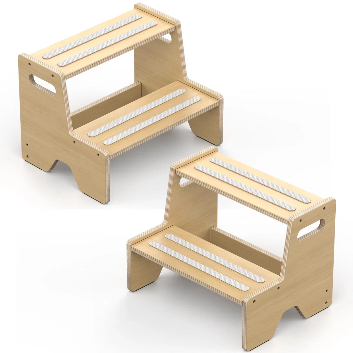 2-stufiger Holzhocker für Kleinkinder, 2 Stück, mit rutschfester Oberfläche und Pads, Griffe für Badezimmer, Küche, Schlafzimmer, Toilette, Töpfchentraining