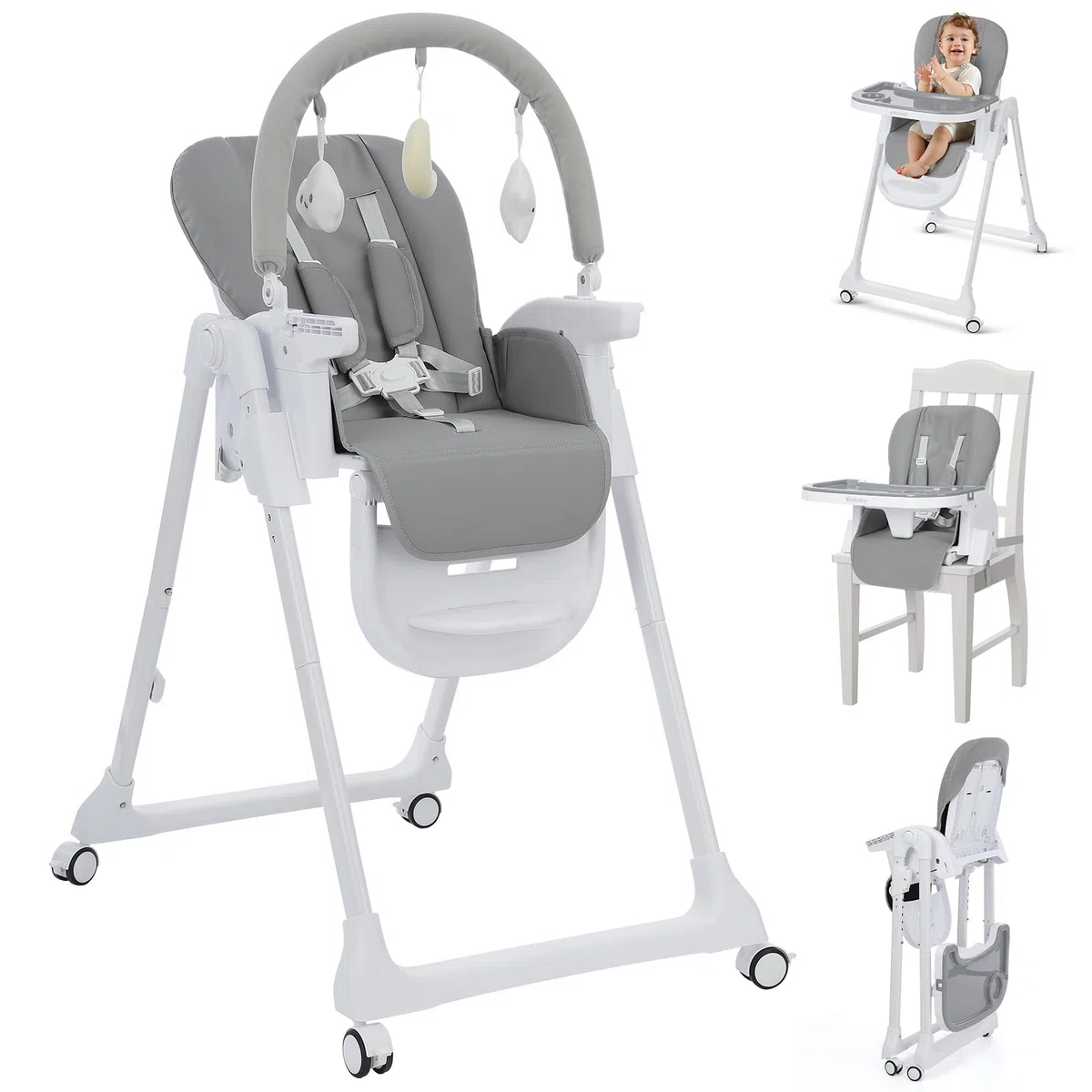 4-in-1 Baby Hochstuhl, höhenverstellbar, faltbar mit Spielbogen & Booster | 7-fach höhenverstellbar, Sitzerhöhung Booster-Funktion, PU-Sitz, Doppeltablett, Rollen mit Bremse, Kinderstuhl