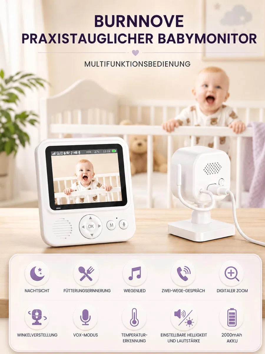 BURNNOVE Babyphone mit Kamera, Babyphone ohne WLAN, 96H VOX Akku, 720P IPS, Split Screen, Bewegungserkennung, Nachtsicht, 2-Wege-Audio, Temperaturüberwachung