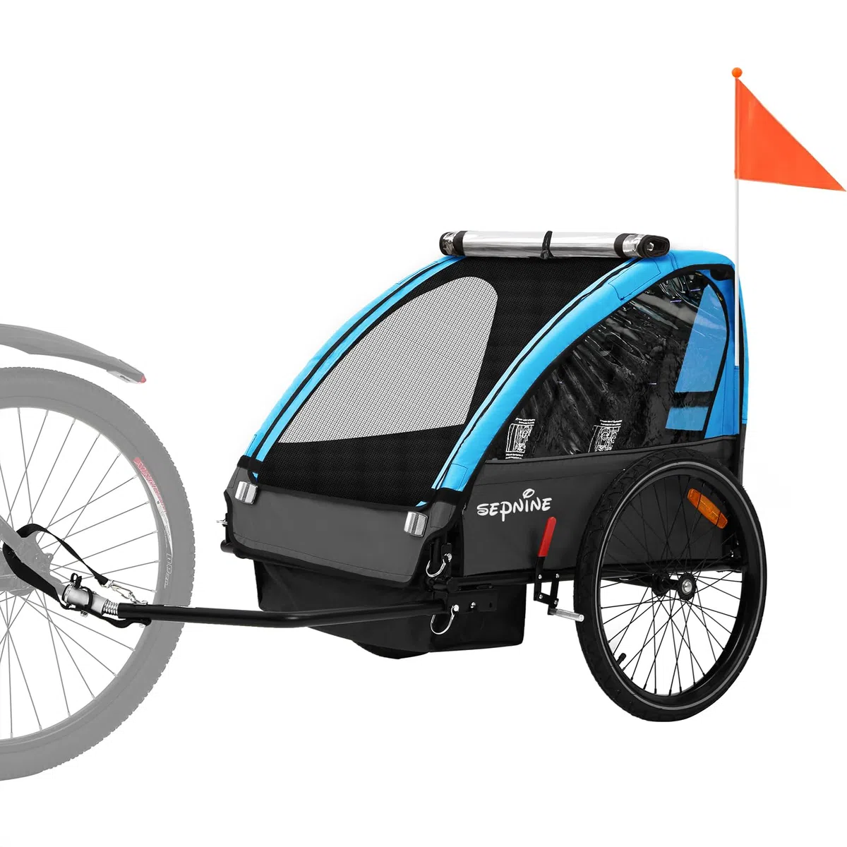 SEPNINE Kinderanhänger für Fahrrad, Fahrradanhänger für 1-2 Kinder, mit 5-Punkt-Sicherheitsgurt, Luftreifen, Handbremse, Faltbar, Max. 40 kg (Hellblau)