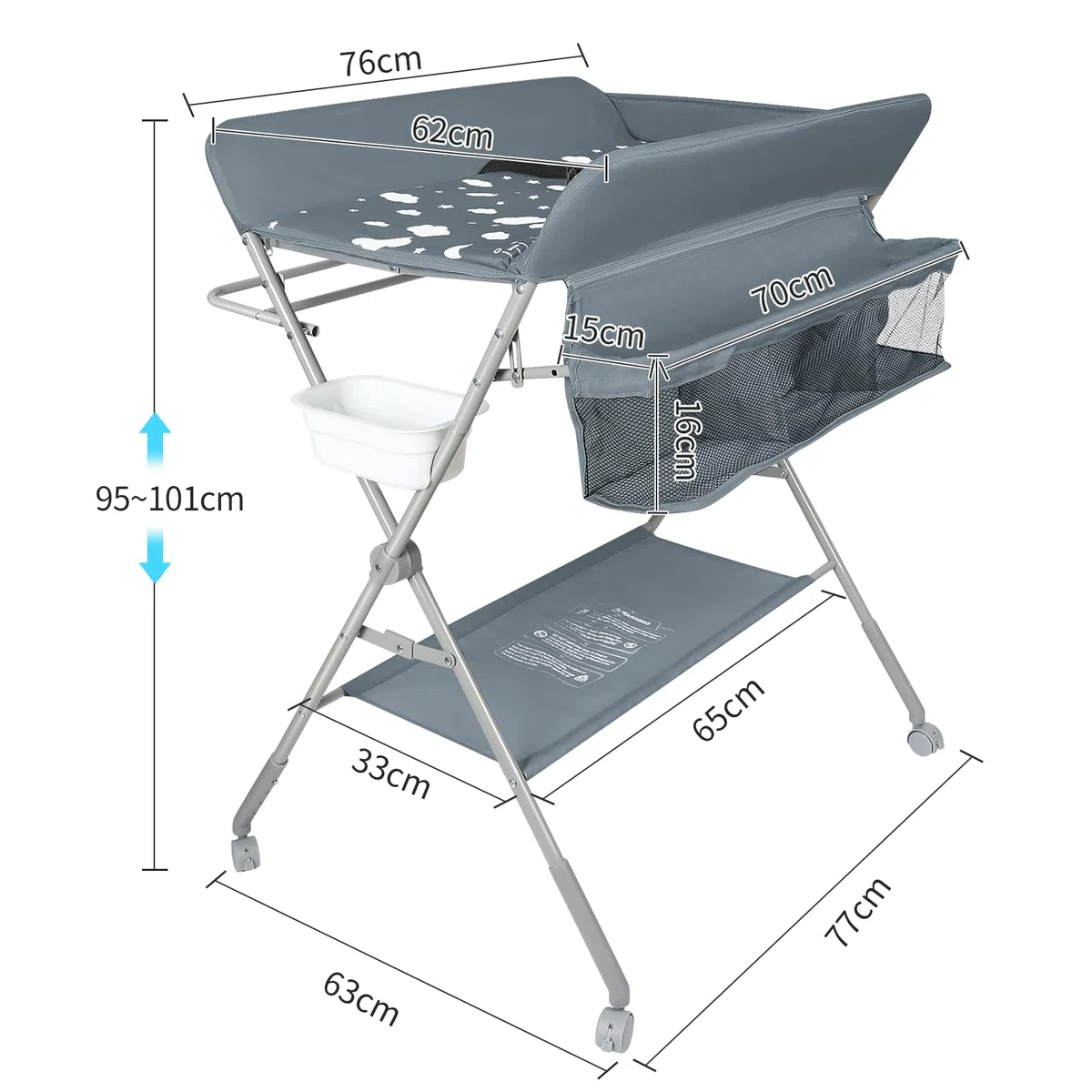 homewell Wickeltisch, Baby Wickelkombi Faltbar Tragbar, Höhenverstellbar, Klappbare Wickelkommode mit Aufbewahrungskorb und 4 Rollen, Platzsparend & Stabil (Dunkelgrau)