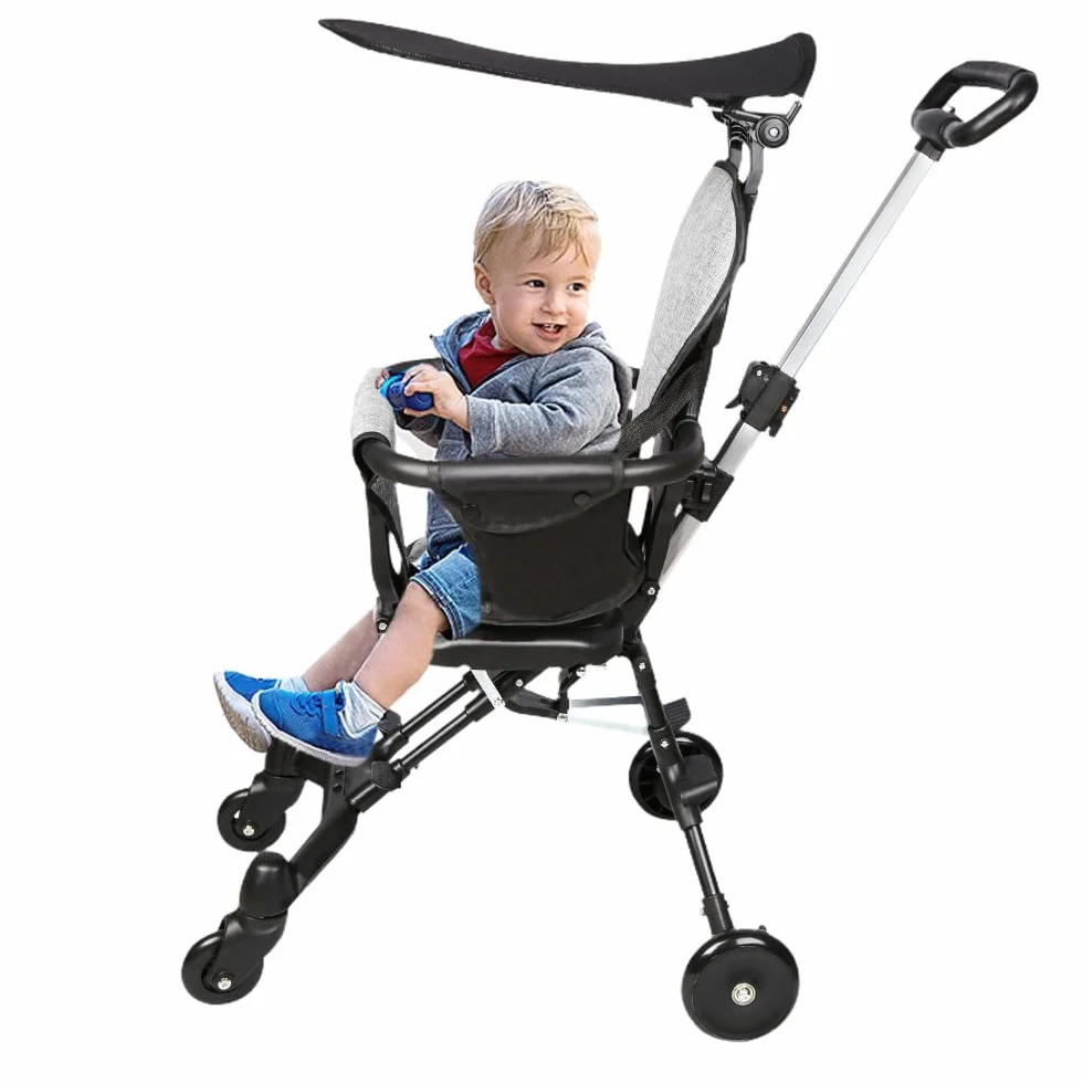 Kompakter Kinderwagen - Bis zu 25 kg, Neigbar, Faltbar mit Getränkehalter, Regenschutz, Sonnenverdeck (UPF 50+) und Einkaufskorb XL - 30 * 55 * 86,5 cm - Grau + Schwarz