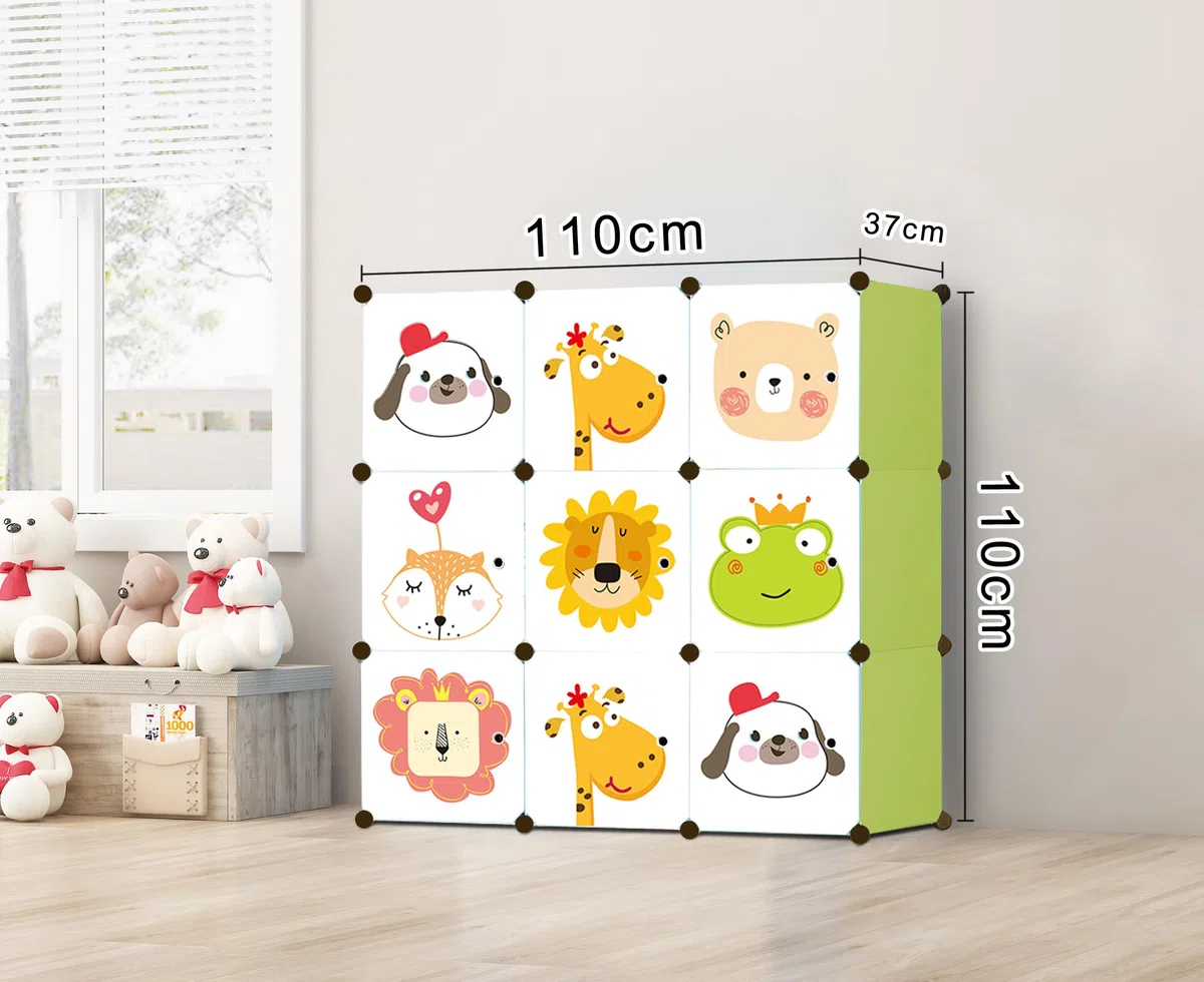 Kids Collective Modularer Schrank für Kinder, 9 Türen mit Märchendruck, Kombischrank, 110 x 37 x 110 cm, grün