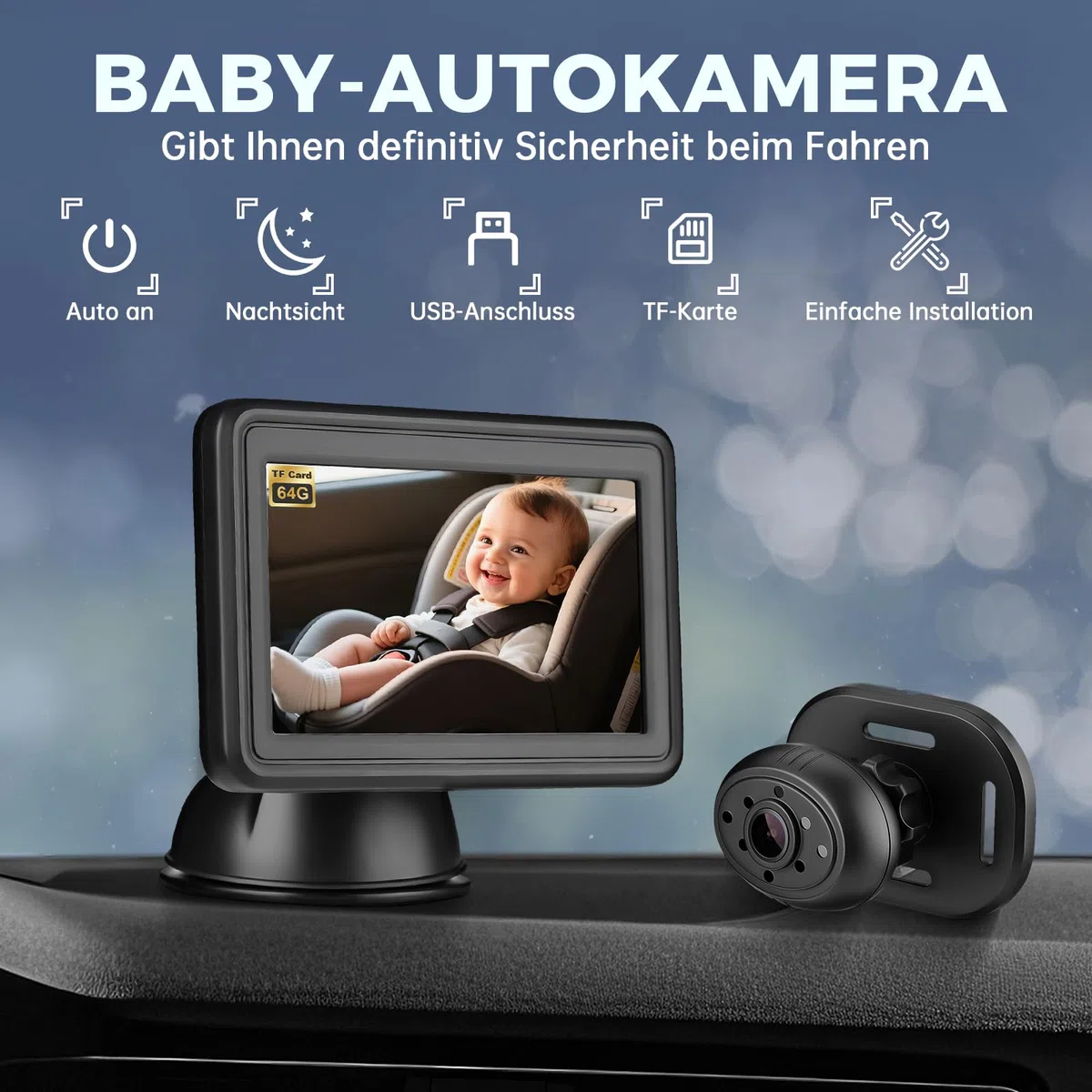 GEARMONSTER Baby Auto Kamera HD 1080P, 4,3'' Rücksitzkamera mit Monitor, 64GB TF Karte, USB Plug-and-Play, Autospiegelkamera Nachtsicht Auto Spiegel Display klare Sicht für den Rücksitz