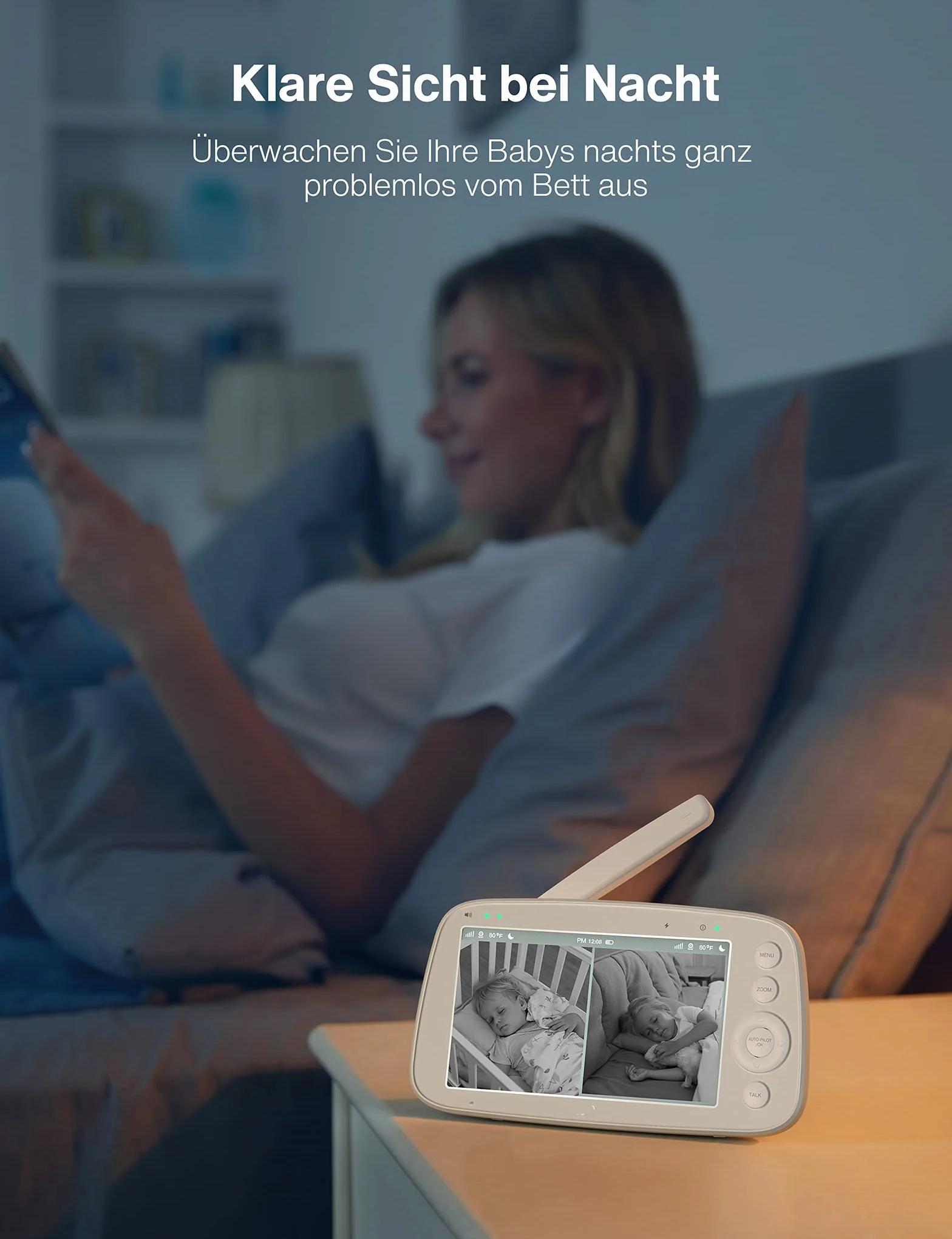Babyphone mit teilbarem Bildschirm, 5" 720P mit 2 Kameras, Audio und Video Überwachung, Schwenken Neigen Zoom, 300m Reichweite, 4500mAh Akku, Infrarot Nachtsicht und Wärmemonitor