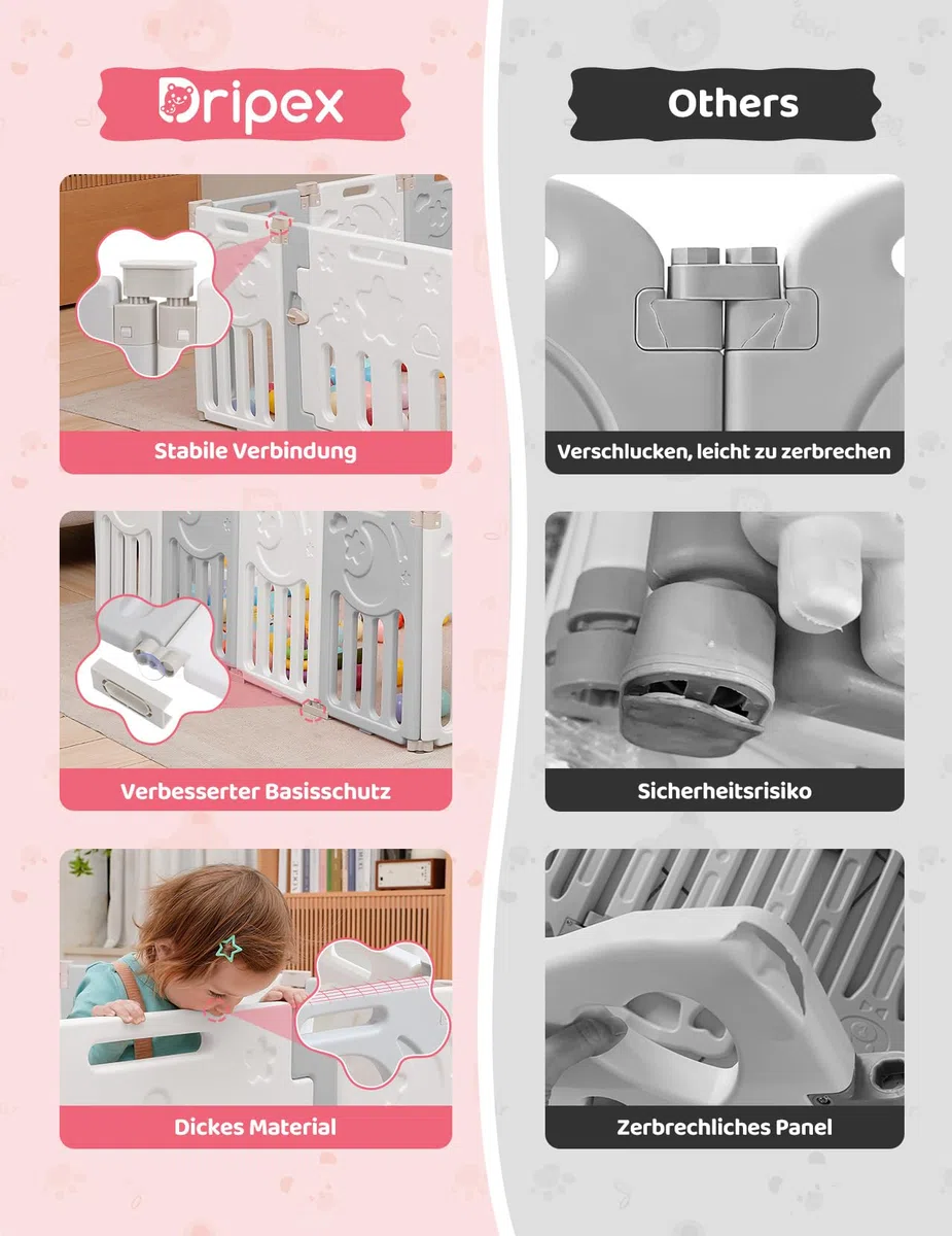 Dripex Laufstall Baby Faltbar, for Baby & Toddlers Kleinkinderzimmer, Möbel | Großes Laufgitter Baby mit verstellbarer Form,Erweiterbar mit Tür und Spielbrett für Innen/Außen,14 Panels/150x150cm/GrauWeiß