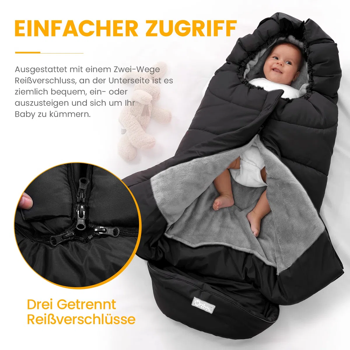 Orzbow Fußsack Kinderwagen Winter, Fusssack Baby mit Korallen-Fleece, Reißverschluss, Anti-Rutschschutz, Reflektorstreifen, Wasserdicht, Schwarz