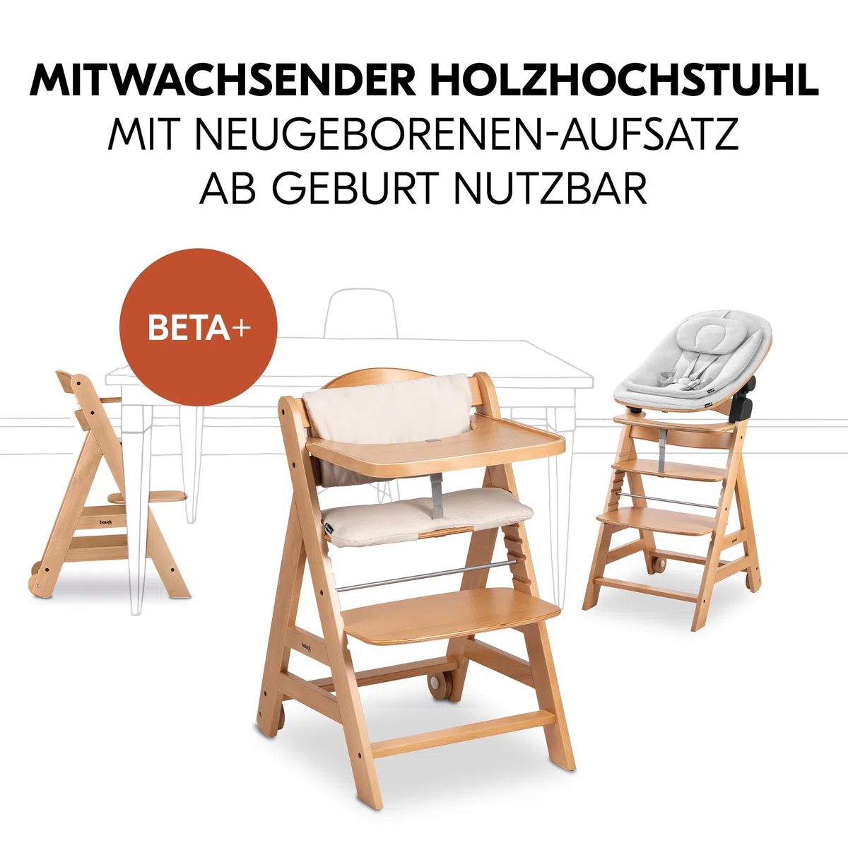Hauck Beta+ Hochstuhl Newborn Set mit Eco Bouncer Natural - Mitwachsender Holz Kinderhochstuhl mit Rollen ab Geburt bis 90 kg inkl. Neugeborenenaufsatz, Essbrett & Sitzkissen