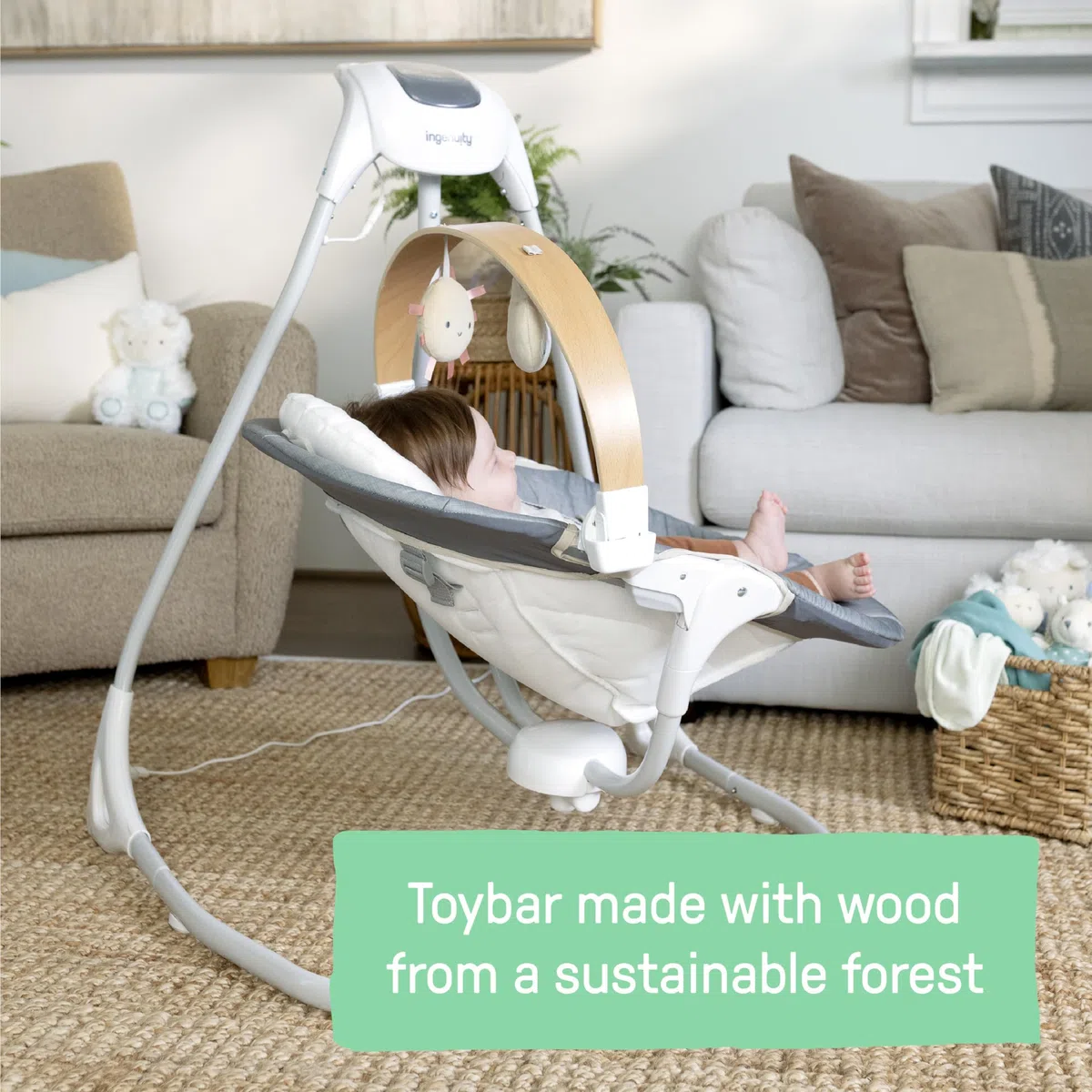 Ingenuity SimpleComfort Compact Soothing Swing, drehbare Spielzeugstange, drehbarer Sitz, 6 Geschwindigkeiten, für Kinder von 0-9 Monaten, bis zu 9kg - Parker