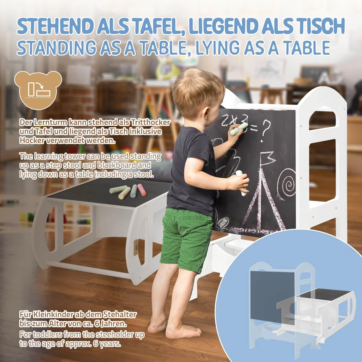 Joyz 2 in 1 Lernturm für Kinder ab 1 Jahr, Montessori Lernstuhl mit Tafel, Weiß, aus Holz, Tritthocker Verwandelbar in Kindertisch und -Stuhl, Hochstuhl Schemel Küchenhelfer Lerntower Learning Tower