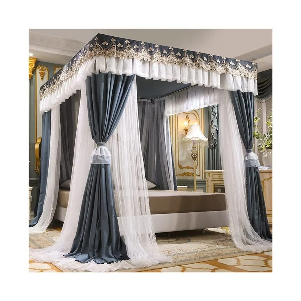 Moskitonetz fürs Bett, Betthimmel mit 4-Stangen-Stütze – Winddichter Verdunkelungsvorhang, dekorativer Luxus-Bettvorhang fürs Schlafzimmer (Stil 3, 1,8 x 2 x 2 m)