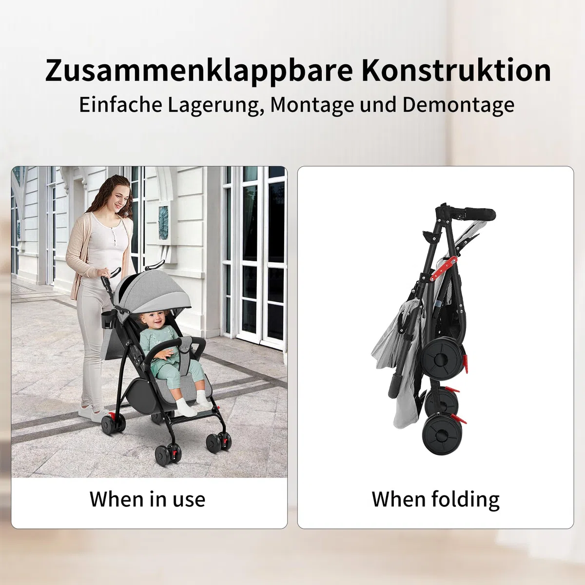OHMG Reisebuggy flugzeug handgepäck,Kinderkraft Kinderwagen,Leichte Reise Buggy,Liegeposition, Kleine Maße nach Zusammenklappen,Vergrößerbares Verdeck,Für Geburt, bis 22 kg (A-Grau)