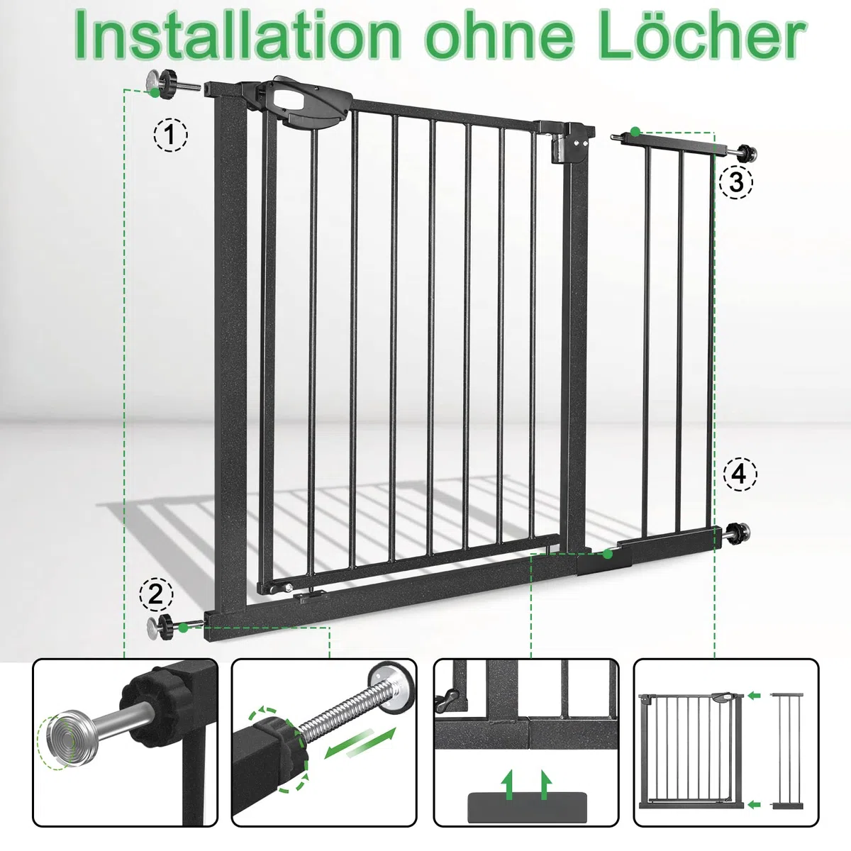 XMTECH Treppengitter Schwarz 85-95cm Breit, Auto-Close Safety Gate mit Druckbefestigung, 180° Zweiwegeöffnung