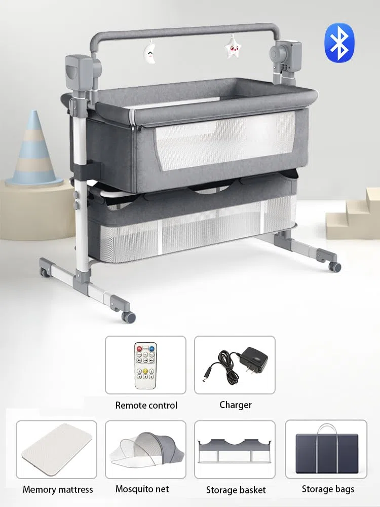 Beistellbett Baby, Convertible Babybett für Co-Sleeping, Beistellbett Baby Boxspringbett mit Rollen Multifunktionale Faltbare mit 5 Schwankende Getriebe, Großer Raum (Mid Grey)