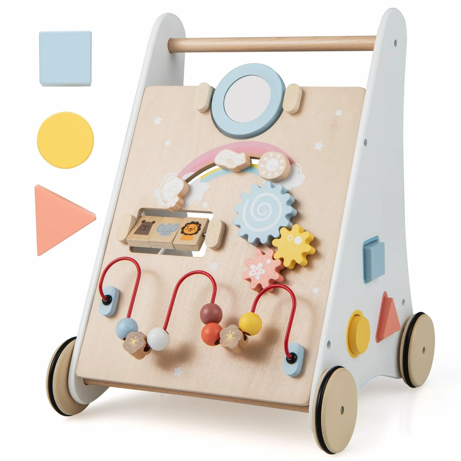 COSTWAY Lauflernhilfe aus Holz, 7 in 1 Lauflernwagen mit Spielbrett, Spiegel & Bauklötzen, Laufwagen zum Schieben mit Aufbewahrungsbox, Laufhilfe Baby ab 1 Jahr (Weiß + Natur)