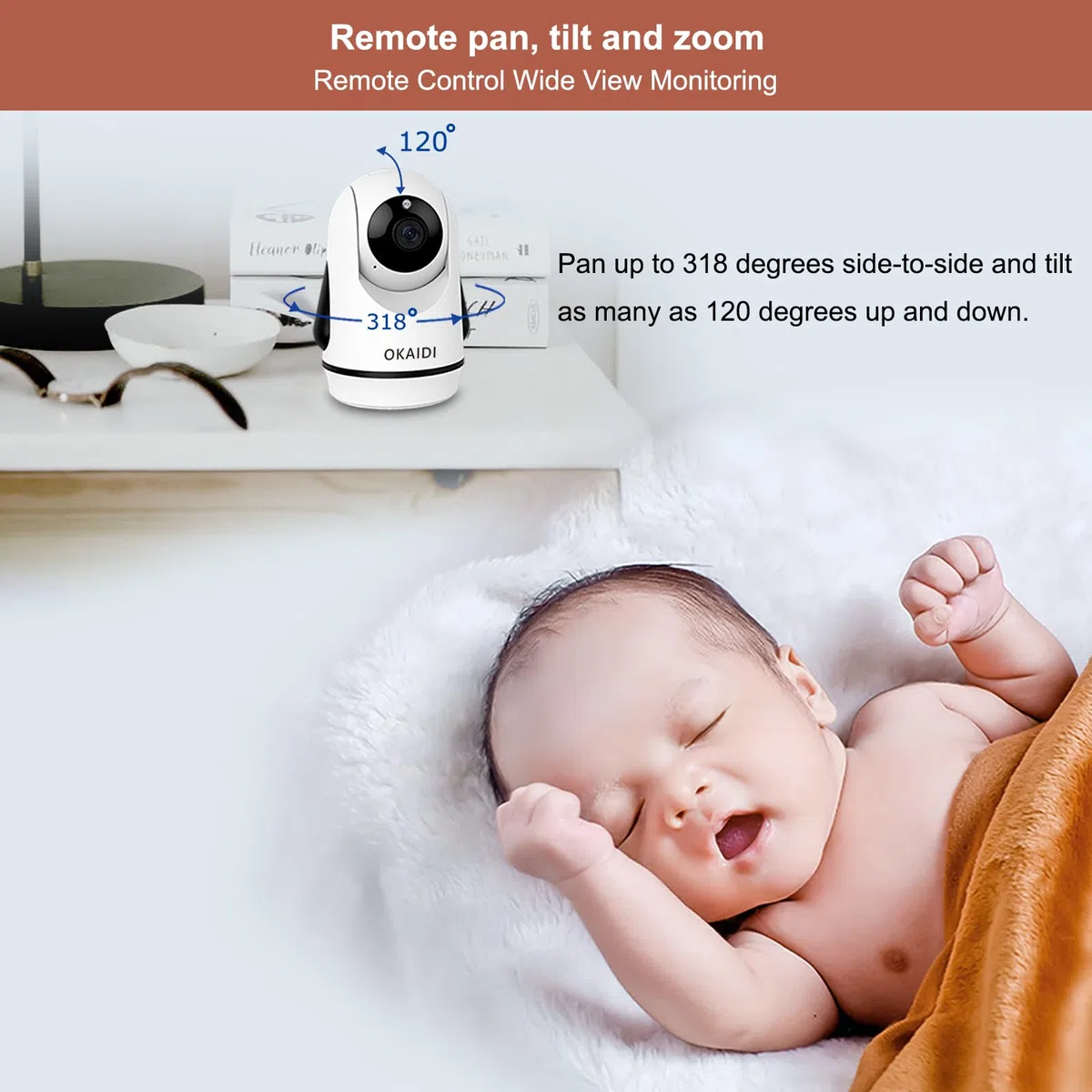 OKAIDI 12,7 cm (5 Zoll) Bildschirm Pan-Tilt-Zoom Video Babyphone mit Kamera und Audio | Babyphone Kein WLAN, 30H Akku, 1000 Fuß Reichweite Babykamera, Nachtsicht, 2-Wege-Talk, ECO-Modus, Temperatur, 8 Schlaflieder