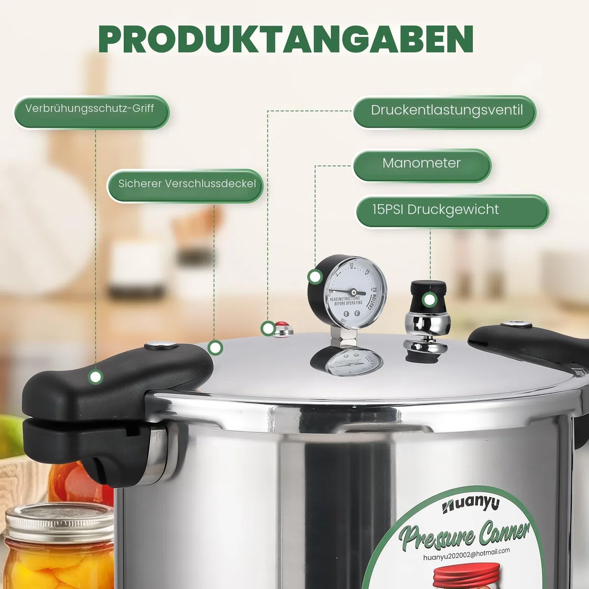 Huanyu 22L Druck Canner mit Manometer und 15PSI Druck Gewicht kann Sterilisator mit Alloy Base kompatibel für Induktion und Gasherde Druckkocher für Konserven