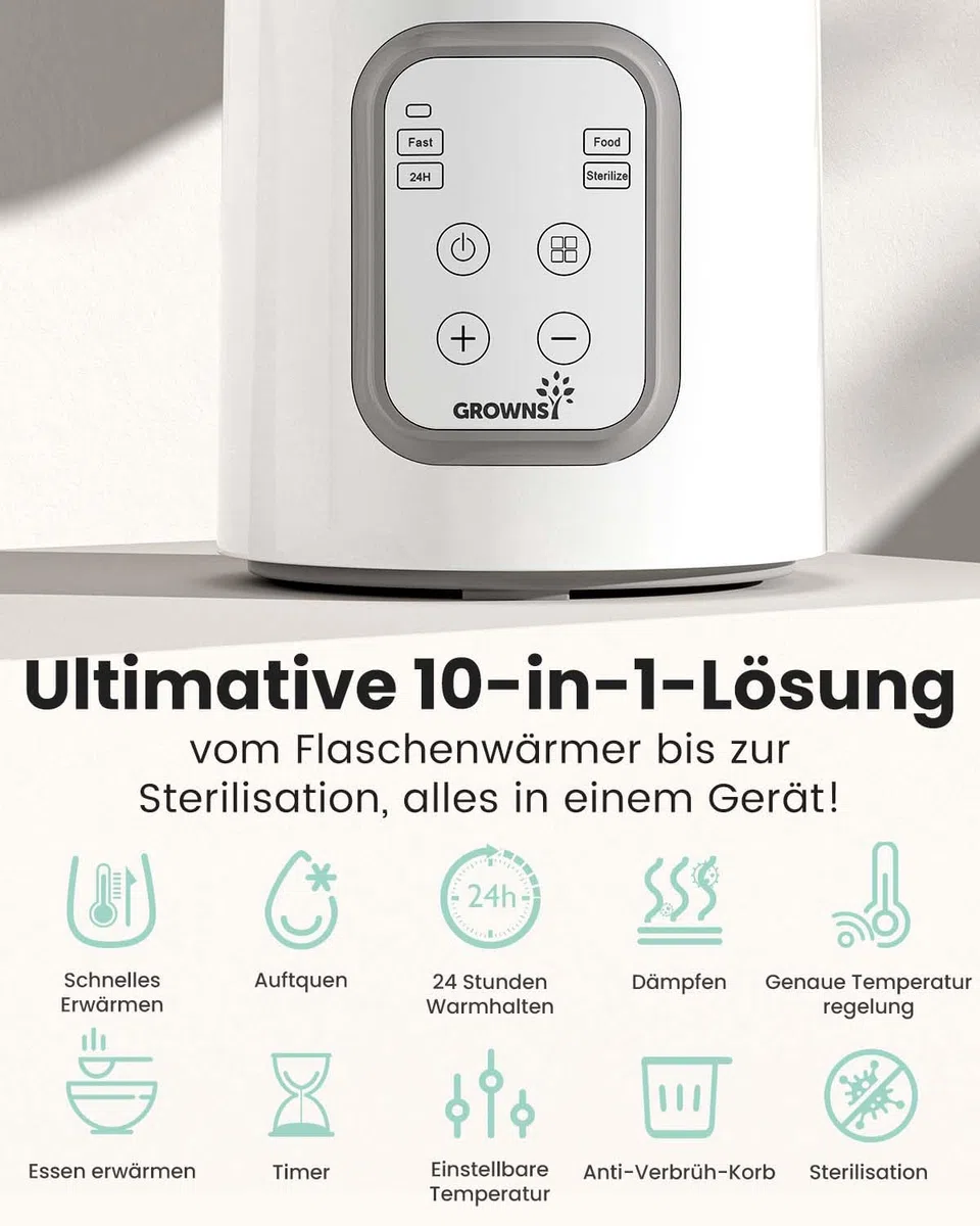 GROWNSY 10-in-1 Flaschenwärmer Baby Flaschenwärmer & Sterilisator für alle Flaschen, Schnelles Aufheizen, Präzise Temperaturkontrolle, Automatisches Abschalten – Für Milch, Brei, Auftauen – BPA-fre