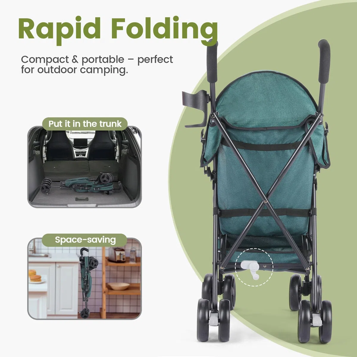 Faltbar Regenschirm Kinder-Buggy Kinderwagen, Leicht Regulierbarer 5-Punkt-Sicherheitsgurt, Zusammenklappen mit einer Hand, großes Verdeck, Robuster alle 4 Räder gedämpft, Einkaufskorb (Dunkelgrün)