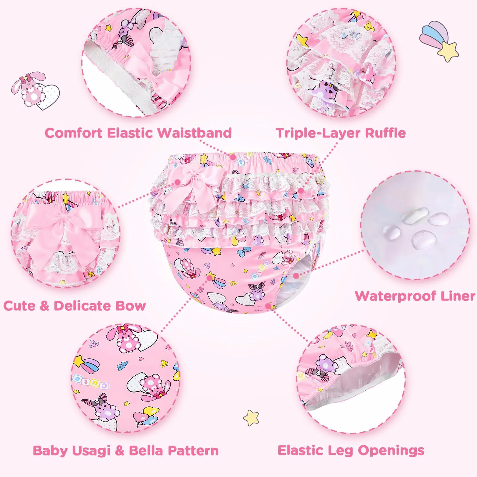LittleForBig Seidenartiger Waschbarer Wiederverwendbarer Wasserdichter Rüschenspitze mit Satinband Baby Usagi & Bella Muster Rüschen Erwachsene Windel Abdeckung Rosa L