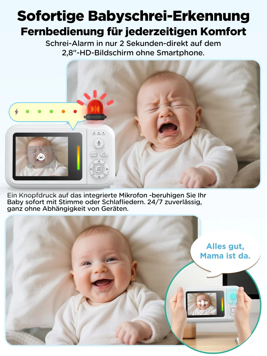 NUOTUN Babyphone mit Kamera Ohne WLAN, Tragbares Baby Kamera mit Halterung | Zwei-Wege-Audio, Sichere 2,4GHz, Nachtsicht, VOX-Modus, Temperatursensor, 4X Zoom, Timer, Schlaflieder