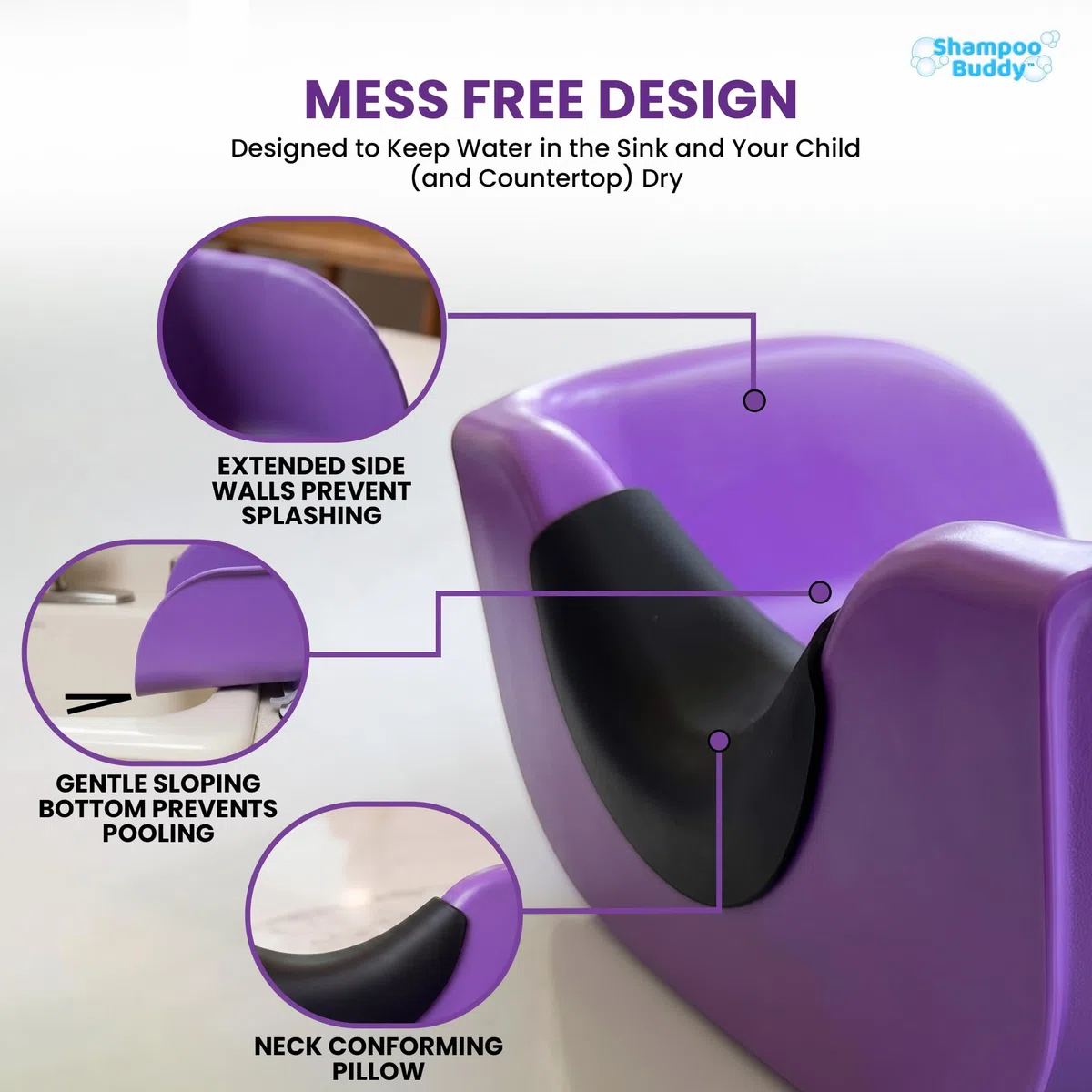 Shampoo Buddy Tragbares Haarwaschbecken für Kinder, Kleinkinder, Kinder, Teens | Shampoo-Schüssel für Badewanne oder Waschbecken | Haarwaschbecken | Reißfreier Spüler für Kinder (Violett)