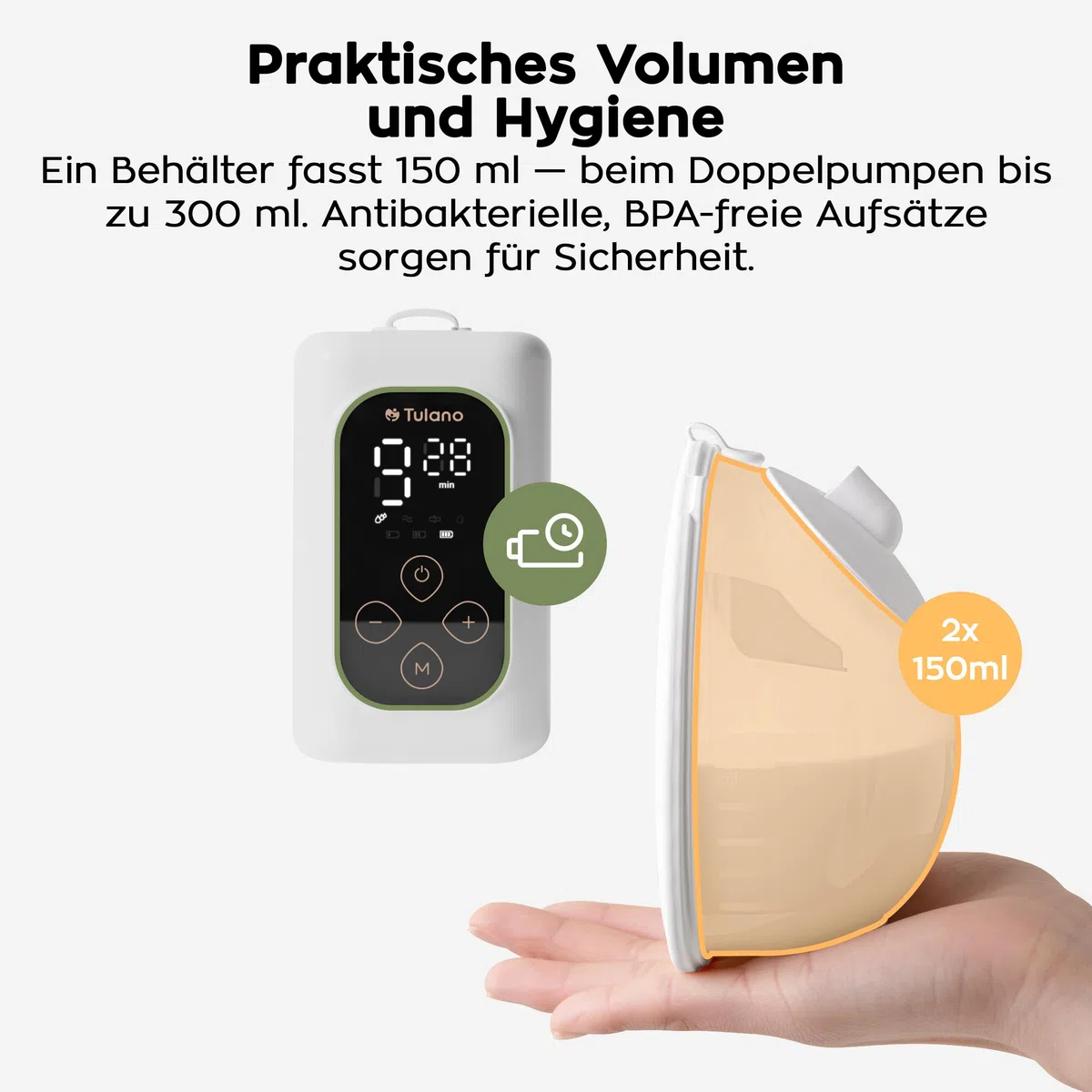 Tulano Olly 45 Doppelmilchpumpe elektrisch – Freihändig – 36 Stufen | Beidseitiges Abpumpen mit 300 ml Gesamtvolumen – 4 Programme – bis 90 Min. Akku – Trichtereinsätze 21 24 28 mm – Weiß