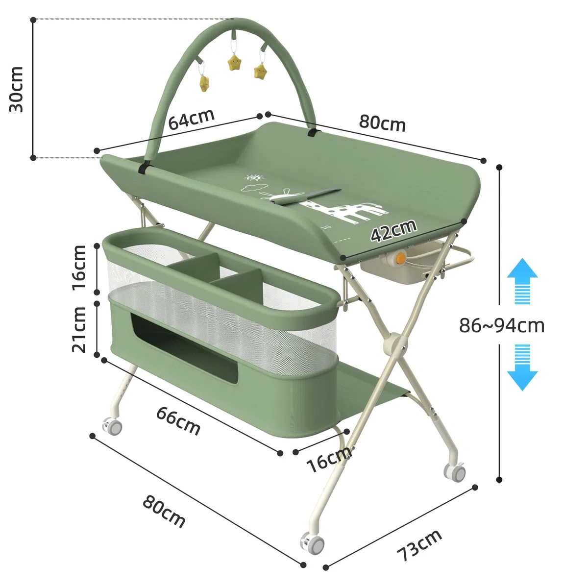 homewell 2 in 1 Baby Wickeltisch Spielzentrum, Höhenverstellbar, mobiler Wickelkombi klappbare mit Spielständer Sicherheitsgurt Aufbewahrungskorb Kleiderstange Wickelauflage (Grün)