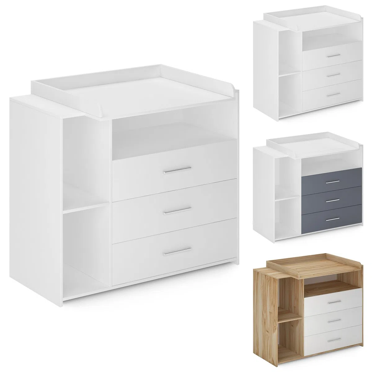 Infantastic Wickelkommode 3 Schubladen 3 Fächer 113x53x101.6 cm MDF Weiß Grau Sonoma Baby Kommode Wickeltisch
